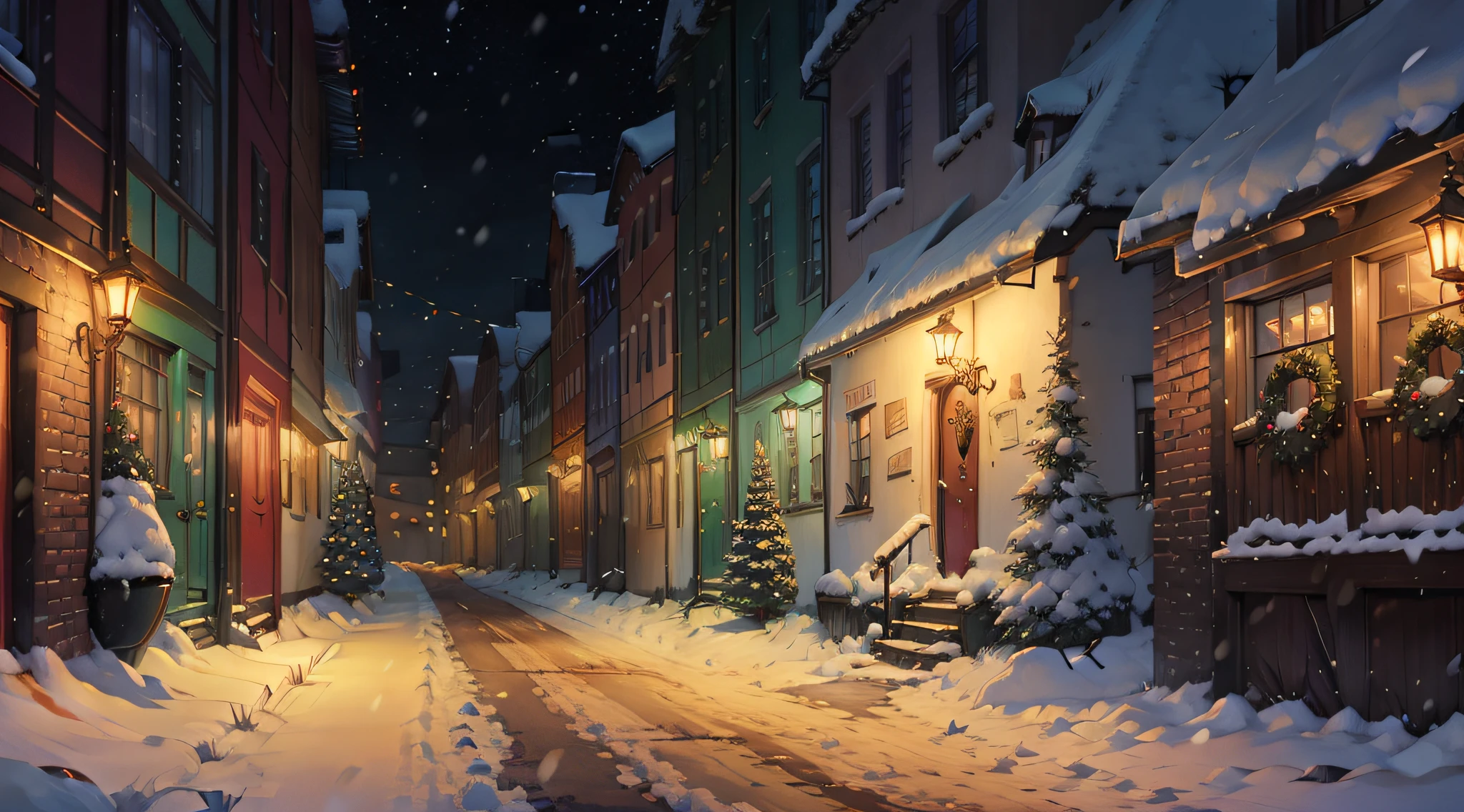 Christmas atmosphere, the street，Efeito de Luz, snowflakes falling,