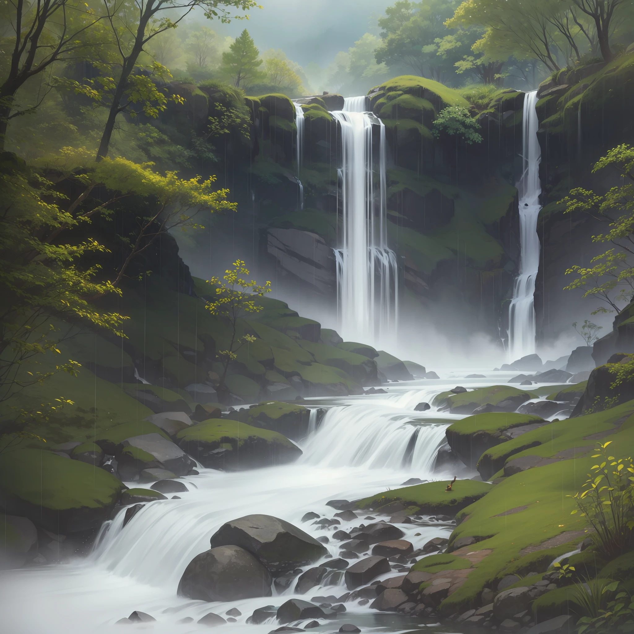water fall with river background in heavy rain with rain cloud, zen wildlife, row photo,