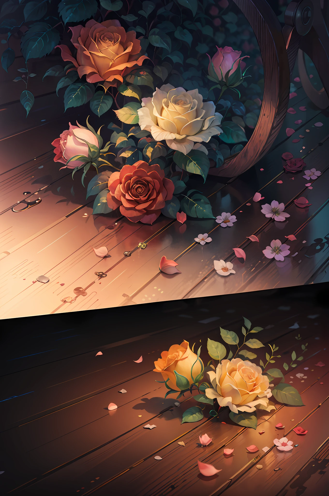 Original,(illustratio:1.1),(best qualtiy),(tmasterpiece:1.1),(the Extremely Detailed CG Unity 8K Wallpapers),(a color:1.2),Rose bushes,rose petals,