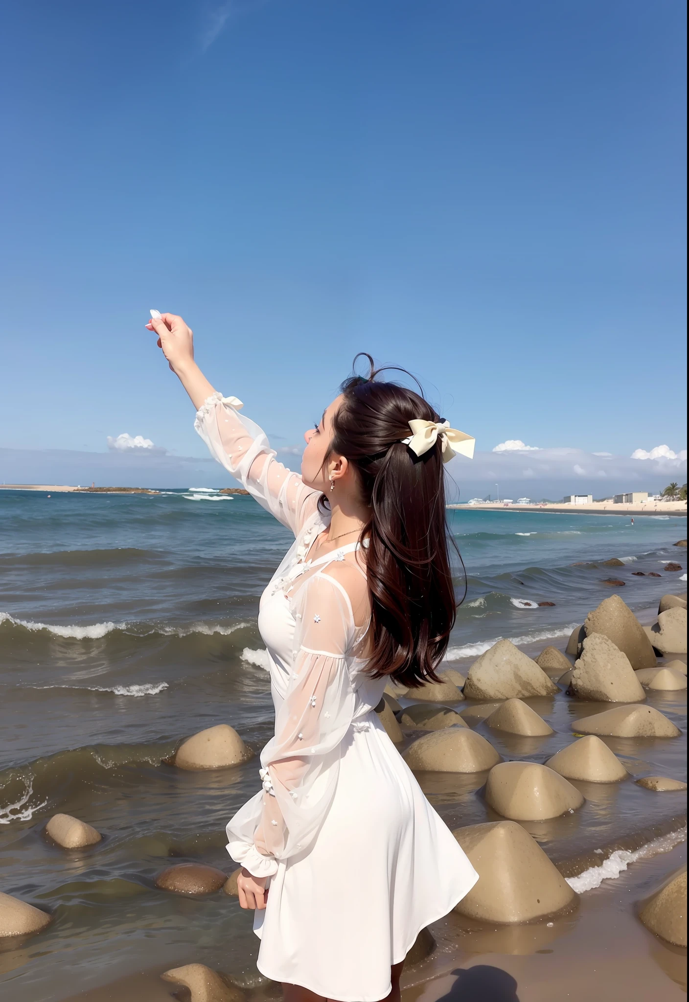 Woman in white dress，(Bow hair ornament:1.1)，standing at the beach，Looking at the sky，bottom angles, posing on a beach with the ocean, taken with canon eos 5 d, pointing to heaven, taken with canon eos 5 d mark iv, taken with a canon eos 5 d, taken with a canon eos 5d, taken with canon 8 0 d, sunny day with clear sky