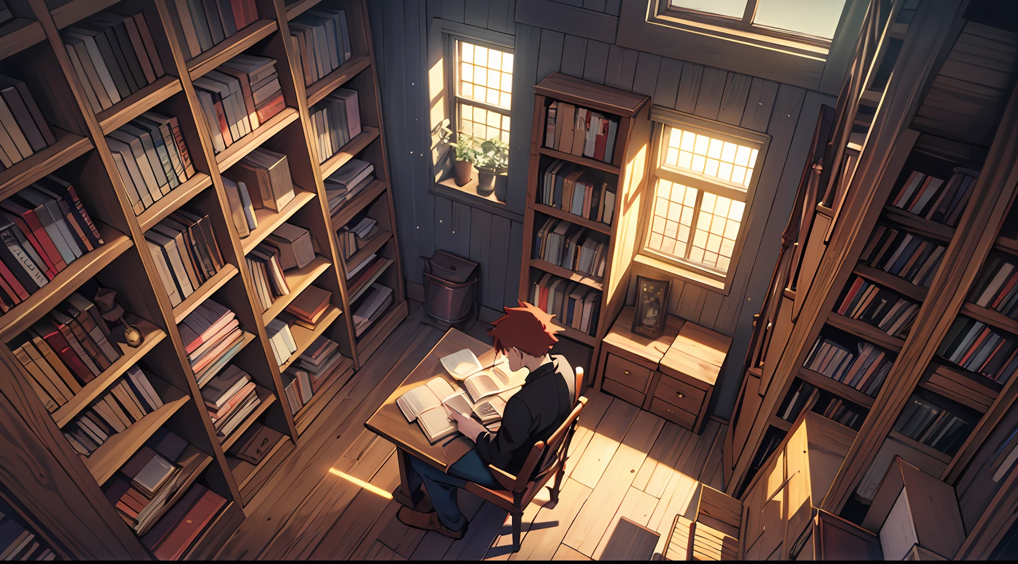 A big room, library , mostly red colors, an anime boy sitting and reading book on a messy table, low lights, dark room, the ceiling of the room is long, a wooden ladder leaning aganist a bookshelf , its night, there is no light --auto --s2