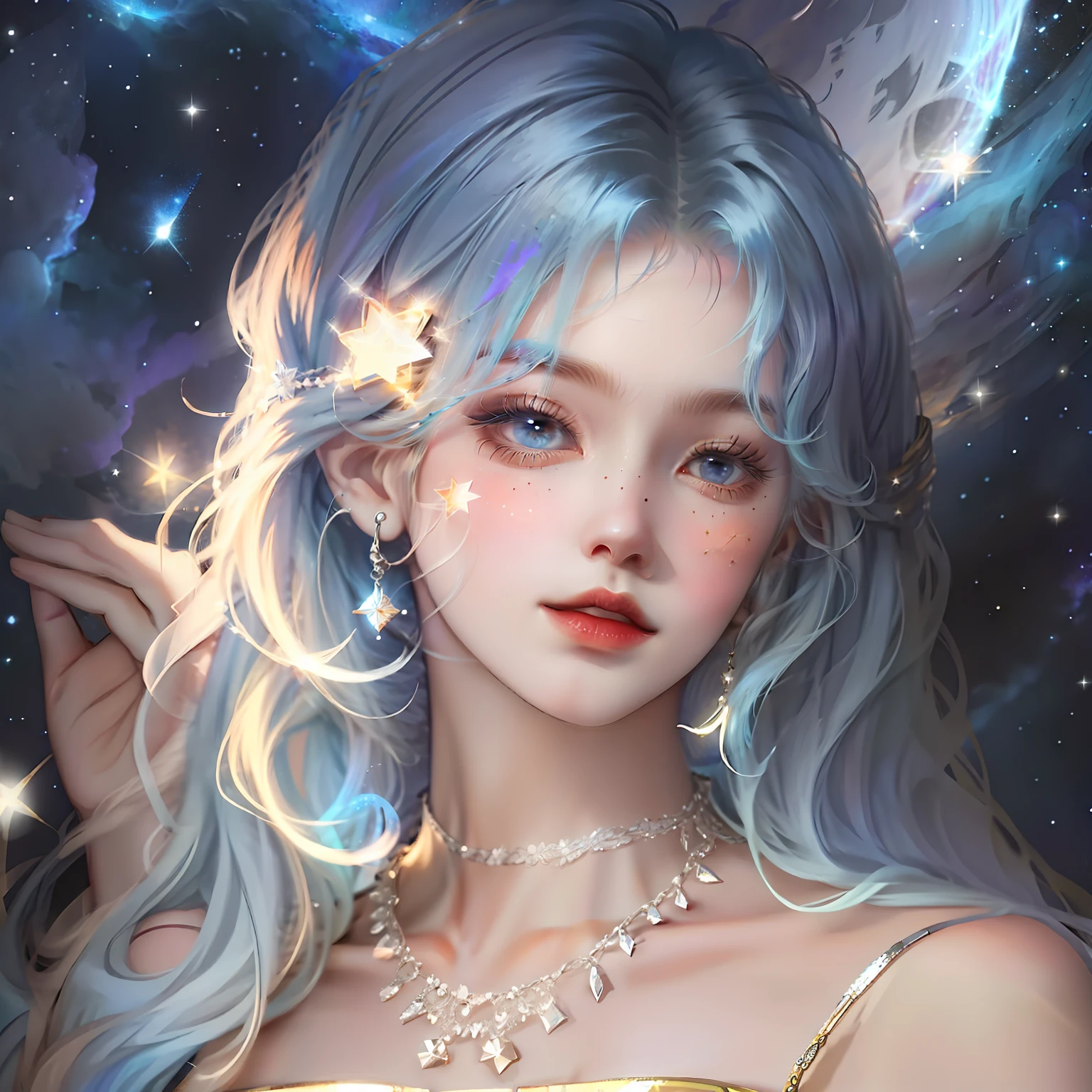 Girl with blue hair，background starry sky，The stars twinkle