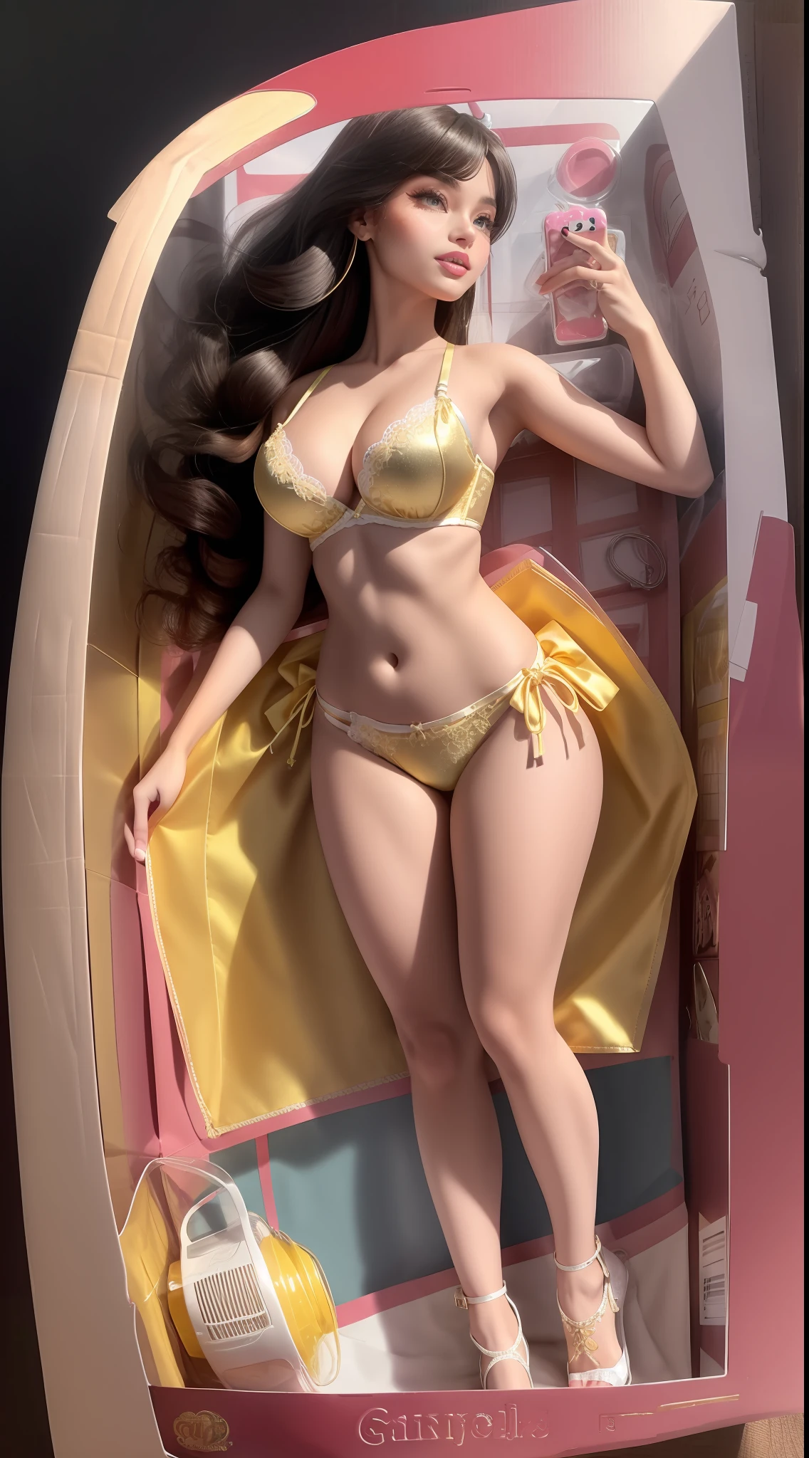 inboxDollPlaySetQuiron style, [ebony woman, BelleWaifu, Belle Cosplay, (long afro curly hair), (jade eyes, hair flower, hair ornament), (flawless face), cute face, chubby face, sunburnt ebony skin, detailed (wrinkles, blemishes!, folds!, moles, viens, pores!!, skin imperfections:1.1), (wearing sexy denim lingerie set details:1.25), (Vibrant yellow gold silk wraps around your body, double layered to ensure the softness of yellow gold silk against your skin, with a central panel of glittering metallic yellow French lace to bring that extra touch of extravagance. Wide silk covered straps are finished with strong red toned clasps and adjusters, adorned with hand cut ribbons, to hold your stockings up firmly without compromising on glamour. Add the matching yellow gold silk full cup bra and either tap white pants for a complete vintage-inspired look, or skirted gold lace thong, plus the spectacular all-over yellow gold lace robe for the complete look.), fishnet white cuban stocking, highly detailed glossy eyes, (looking at the camera), detailed skin pores, oiled skin, tan, intricate eye detail, capelet, (big cheeks), natural breasts_d, unbalanced breasts, (cleavage)], gift box, playset, in a box, full body, toy playset pack, in a gift box, premium playset toy box