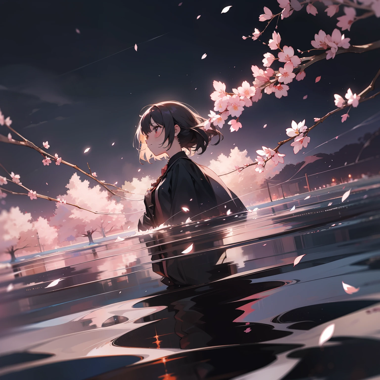 The dark sky canopy of shattered stars, the dark fragrance of cherry blossoms floating in the wind
Where the water is gurgling, where the music is faint