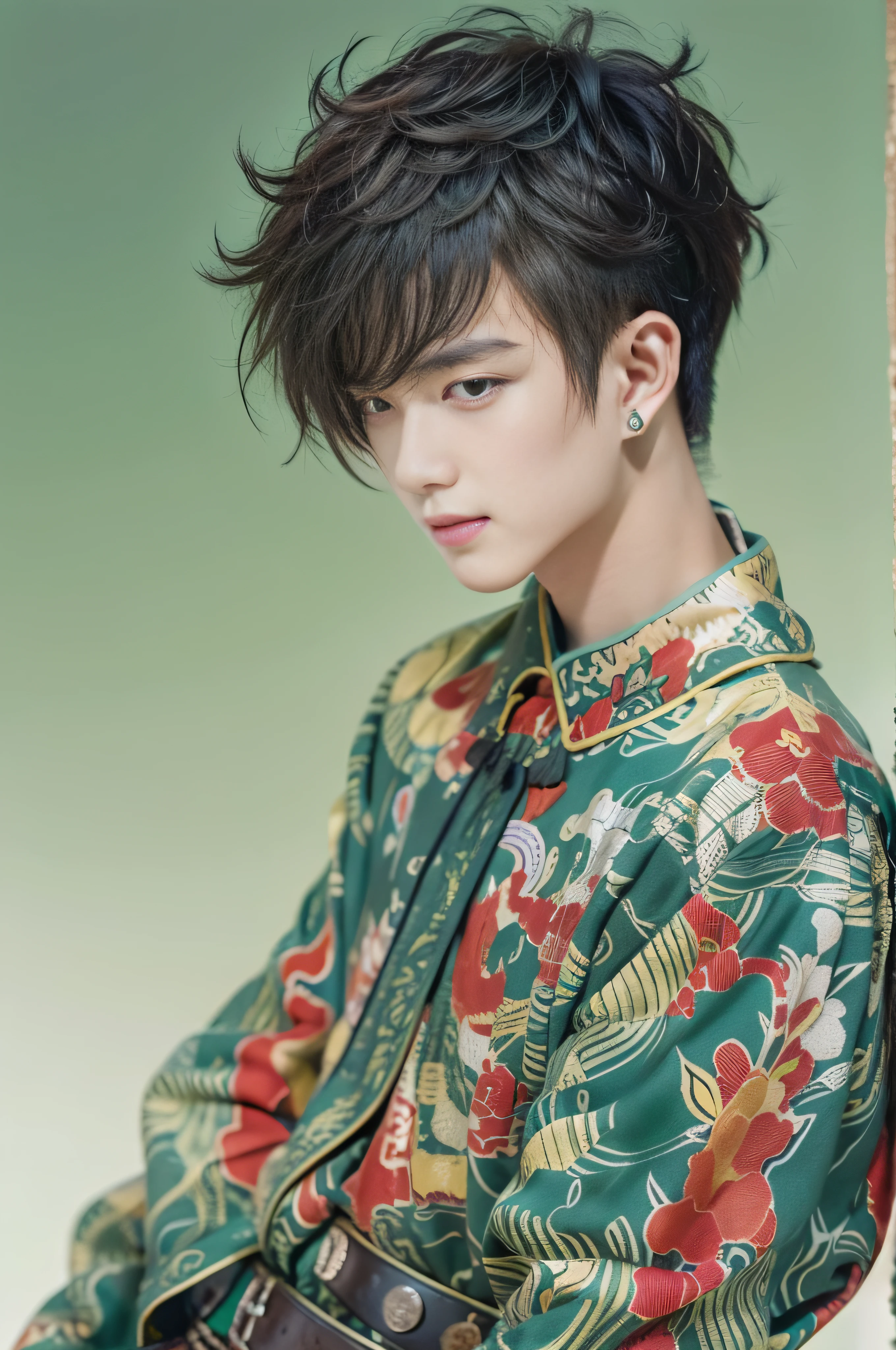 Cowboy shot, Male,Handsome,monochrome photography, Handsome boy, Short hair, Black hair, black/Blue/Green/Yellow/Red/White printed Chinese shirt, Long sleeves, belt, black/Blue/Green/Yellow/Red/White printed Chinese maxi dress,  Dynamic pose, view the viewer, Boots, full bodyesbian,Ear doors, chinese style countryard,