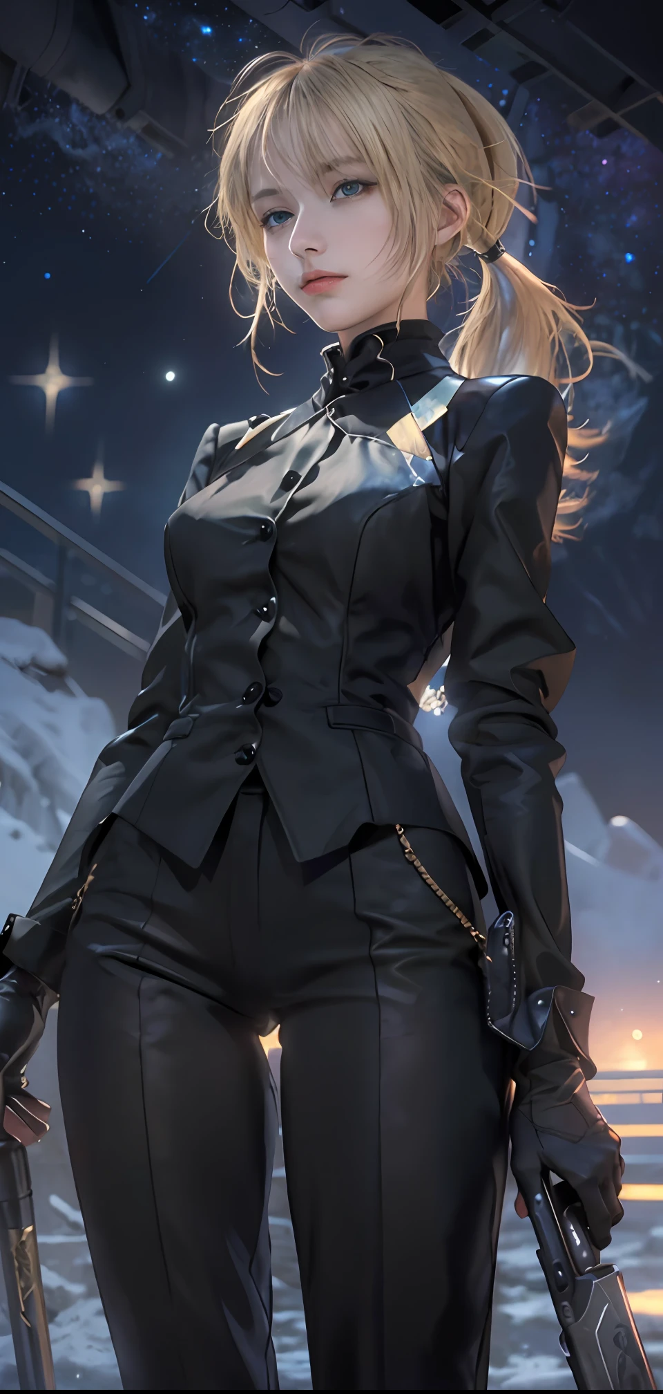 ((masterpiece:1.2, best quality)), realistic, 1girl, solo, blood, male focus, looking at viewer, artoria pendragon \(fate\), black (((suit))), black (((pant suit))), (((ponytail))), (((black gloves))), aurora, night, stars (sky), sky, night sky, starry sky, holding Magic Sword, Dark Clouds, Night, model shot, (Impressionism: 1.4), (Tarot: 1.3), Alphonse Mucha,