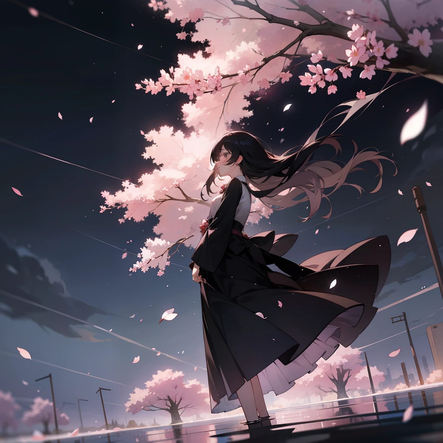 The dark sky canopy of shattered stars, the dark fragrance of cherry blossoms floating in the wind
Where the water is gurgling, where the music is faint