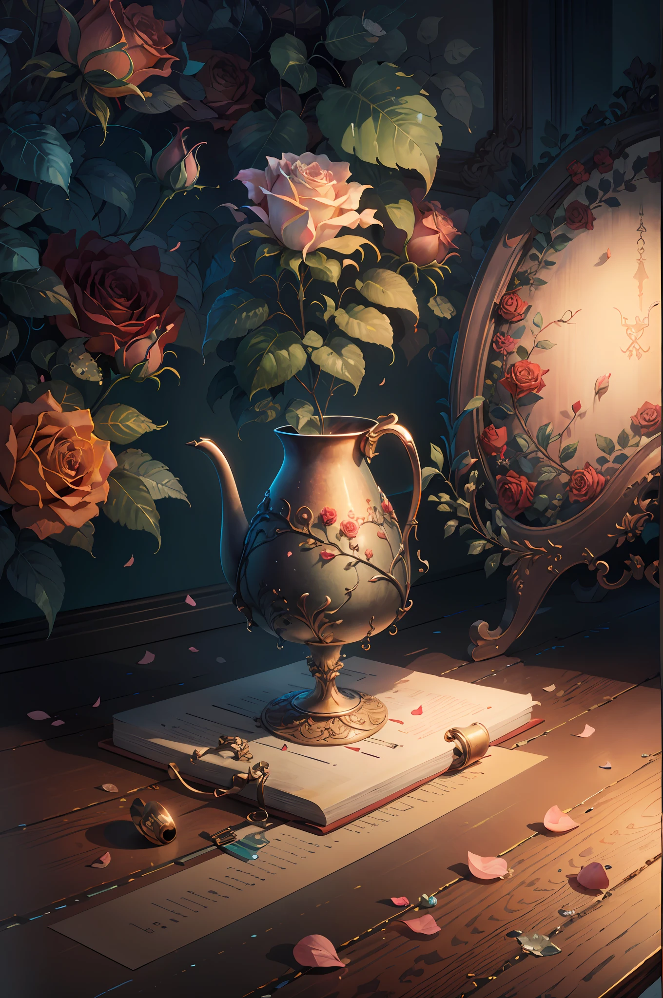 Original,(illustratio:1.1),(best qualtiy),(tmasterpiece:1.1),(the Extremely Detailed CG Unity 8K Wallpapers),(a color:1.2),Rose bushes,rose petals,