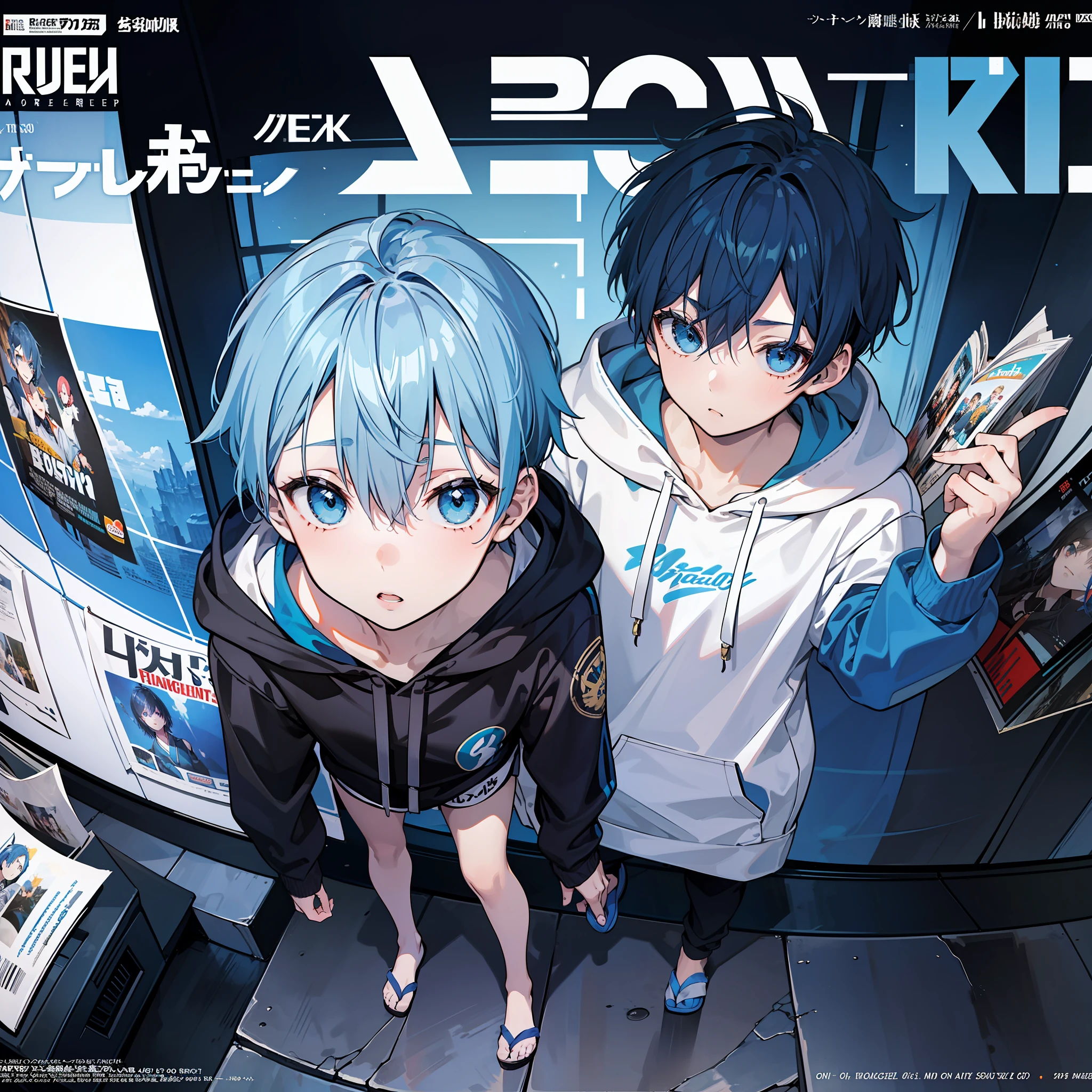 masterpiece, best quality, full body, (1boy), (blue hoodie), (Boy Messy Japanese Round Haircut for Thick Hair), (blue hair), black shorts, (solo), (magazine:1.3), (cover-style:1.3), fashionable, theme park fantasy