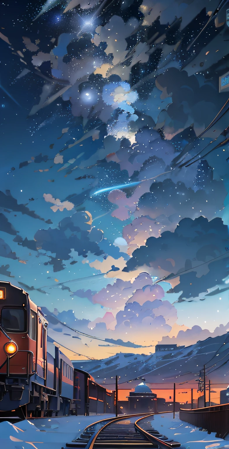 There is a train running along the tracks in the snow, Makoto Shinkai's concept art, tumblr, magic realism, beautiful anime scenes, cosmic sky. by makoto shinkai, ( ( makoto shinkai ) ), anime background art, anime backgrounds, Makoto Shinkai's style, anime movie backgrounds, galaxy express, no humans.