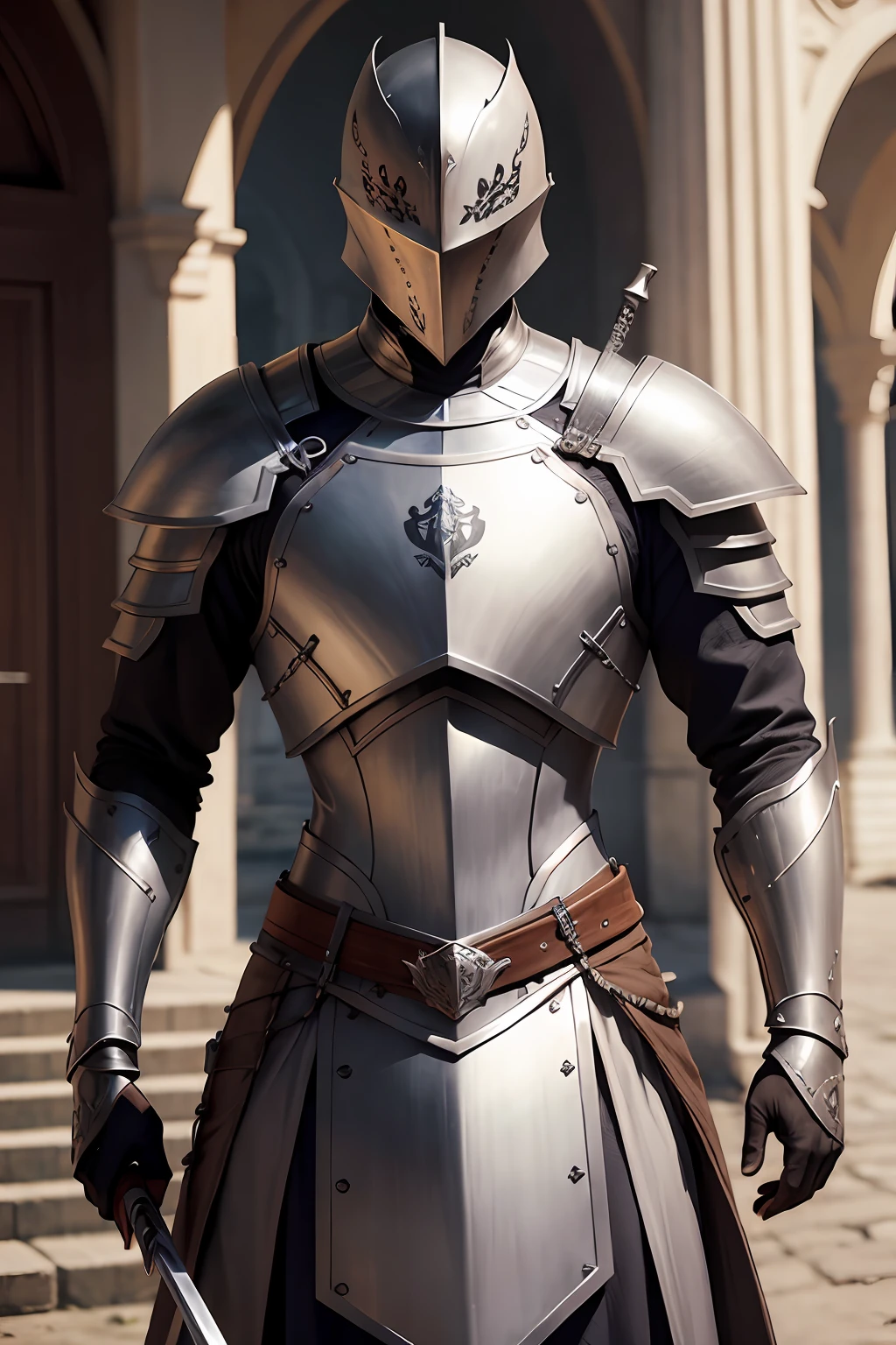 criar um guerreiro com armadura, detalhes realistas, rosto realista, armadura cheia de detalhes, espada com detalhes