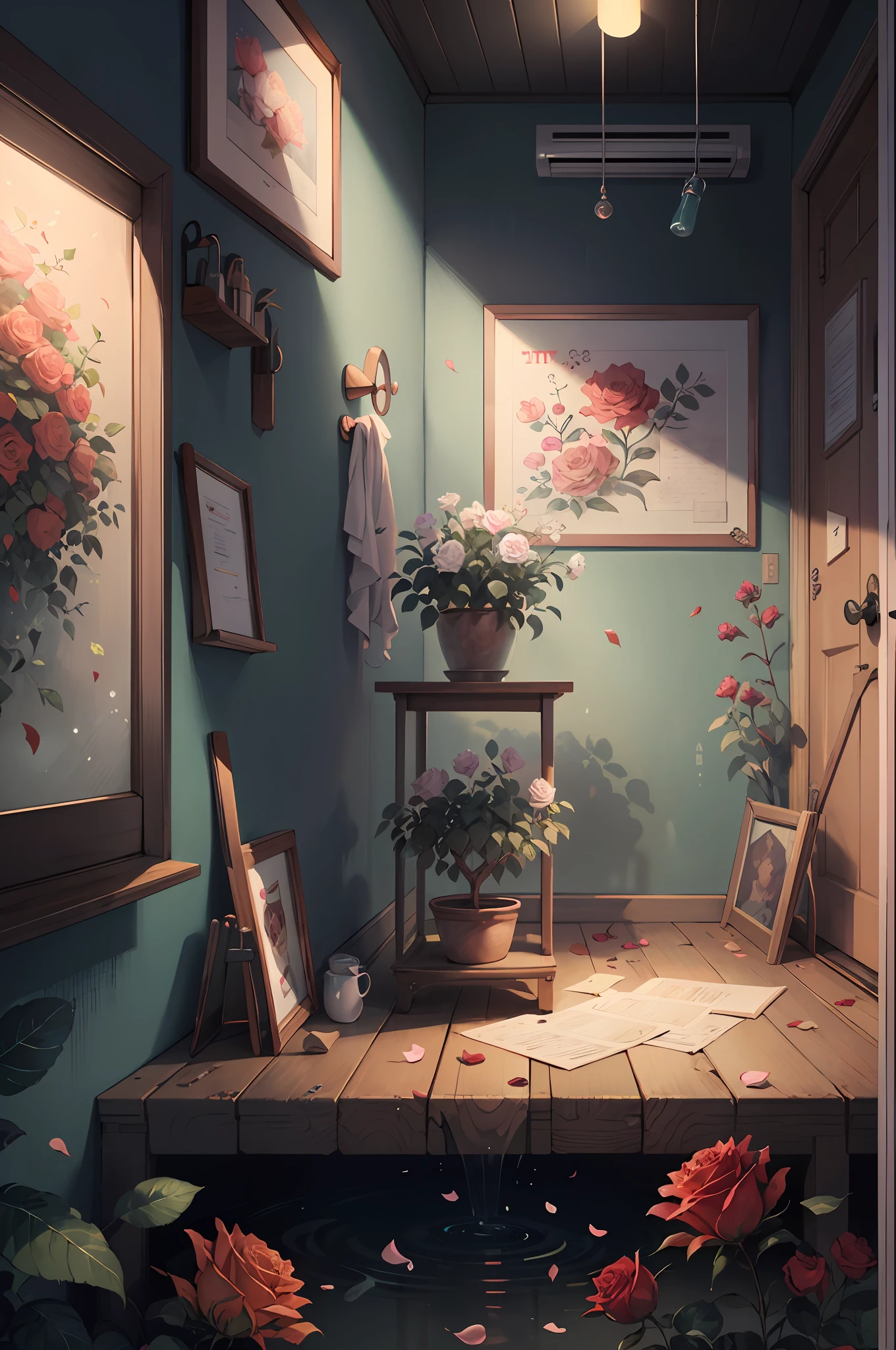 Original,(illustratio:1.1),(best qualtiy),(tmasterpiece:1.1),(the Extremely Detailed CG Unity 8K Wallpapers),(a color:1.2),Rose bushes,rose petals,scenecy,rios|Wagas,