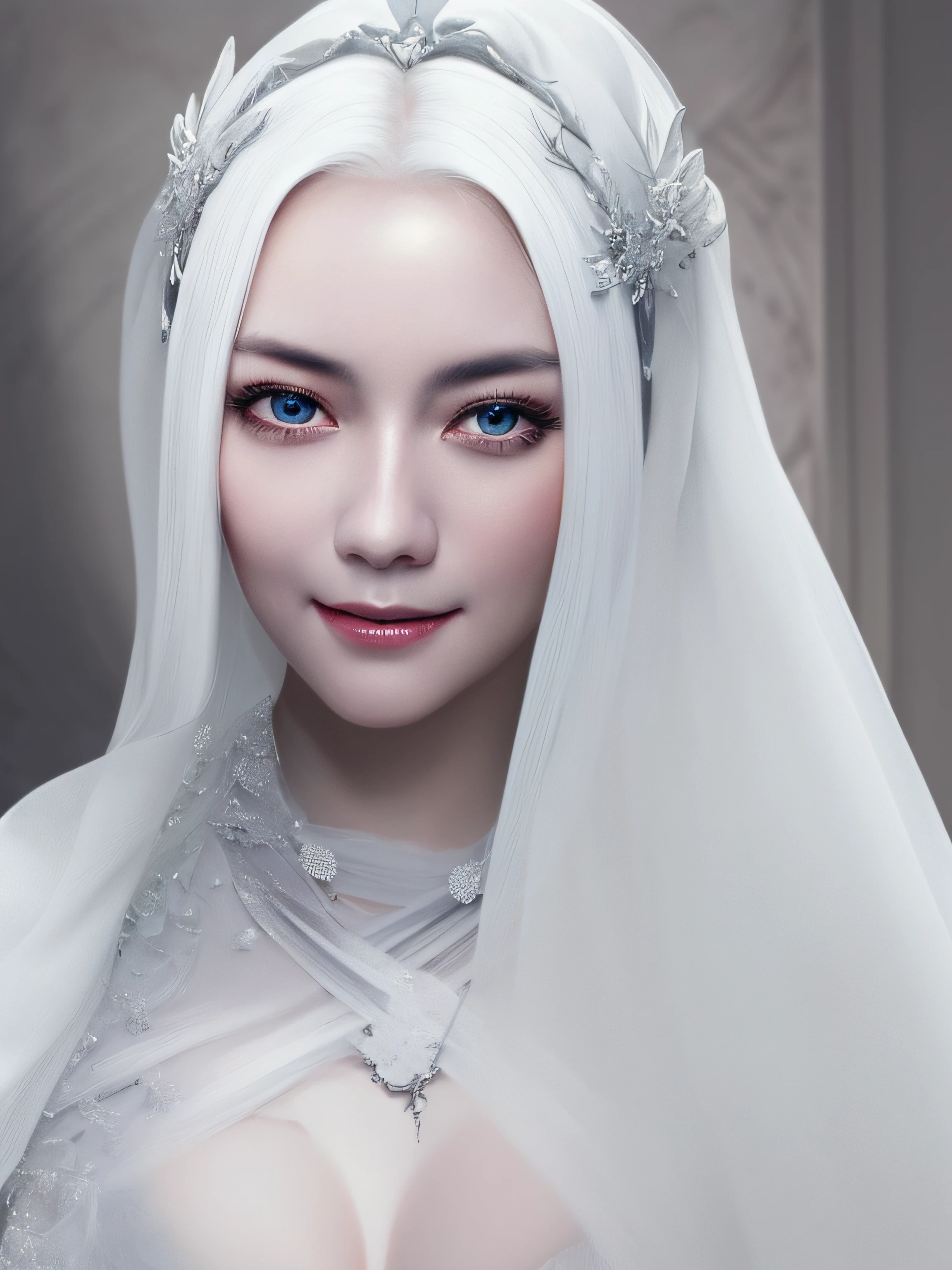 a close up of a woman with white hair and a white mask,innocent face and smile, beautiful character painting, guweiz, artwork in the style of guweiz, white haired deity, by Yang J, epic exquisite character art, stunning character art, by Fan Qi, by Wuzhun Shifan, guweiz on pixiv artstation