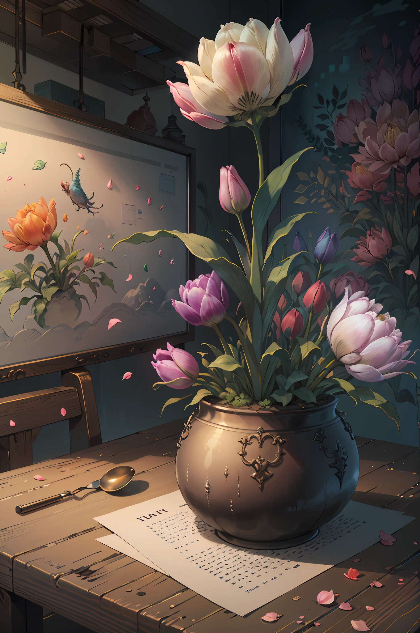 Original,(illustratio:1.1),(best qualtiy),(tmasterpiece:1.1),(the Extremely Detailed CG Unity 8K Wallpapers),(a color:1.2),Tulip bushes,Tulip petals