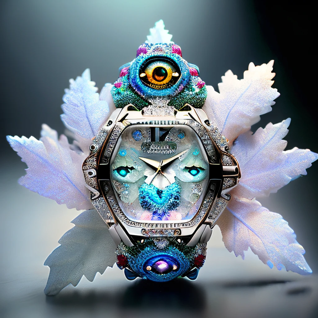 Fantastic art suspended quartz ice crystal watch, Diamond, Misty, (((Multiple eyes))), color difference, insanely details, Intricate details, ultra - detailed, Fluffy, Realistic, Photo, kanon, Dreamlike, art, Colorful leaves and branches,There are flowers on the top of the head. Hyper-detailed realism by Greg Rutkovsky