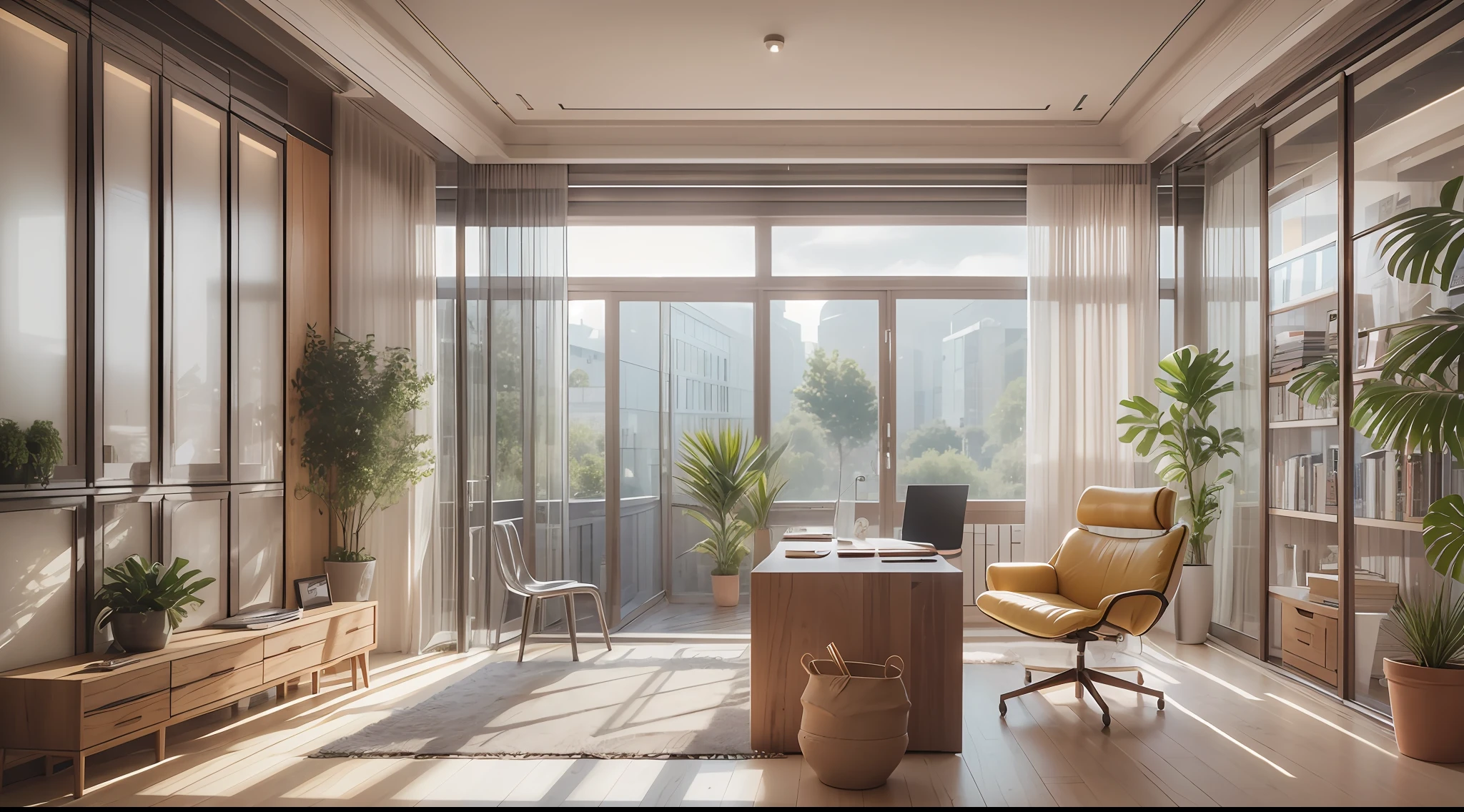 study room,Minimalist style,Simple study design,Rare flowers and plants(1:0.01),suns rays,(Large simple desk,bookshelves,sofe),No main light design,an award winning masterpiece,The details are incredible,big window,highly detailed,Harper's Bazaar art,fashion magazine,fluency,Clear focus,8K,rendering by octane