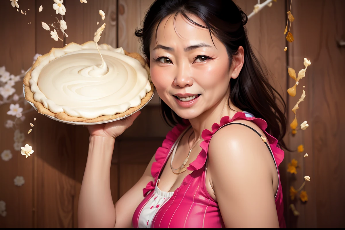 middle aged japanese woman, 45 year old japanese woman, mature, chubby, laughing, mocking, holding custard and cream pie, about to throw custard and cream pie, photorealistic, high detail