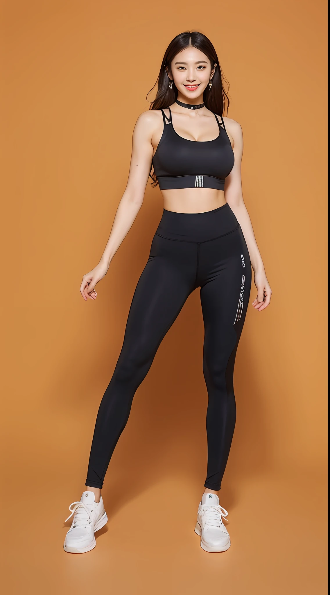 ((midnight, Need, 8K, tmasterpiece:1.3)), Full body like,Whole body, Long legs, Focalors:1.2, Plump body,perfect figure beautiful woman:1.4,((Dark brown hair, huge tit:1.2 )), (low chest, tight-fitting,deep v big breasts,sockes,Long socks,cleavage,Yoga pants for,Bodybuilding pants,Sports bra,White canvas shoes,head gear), ((Orange background)), crowd of,Highly detailed facial and skin texture, A detailed eye, 二重まぶた,largeeyes,crisp breasts,Smile with,Bigger breasts, Wavy hair,crisp breasts,Get wet,Sweat profusely,wearing a choker,Wear earrings,wears a watch,Redlip,lower back,leges,slenderlegs,Long legs,long leges,full bodyesbian,standing on your feet,chest,Straighten your waist,walked,Cat steps