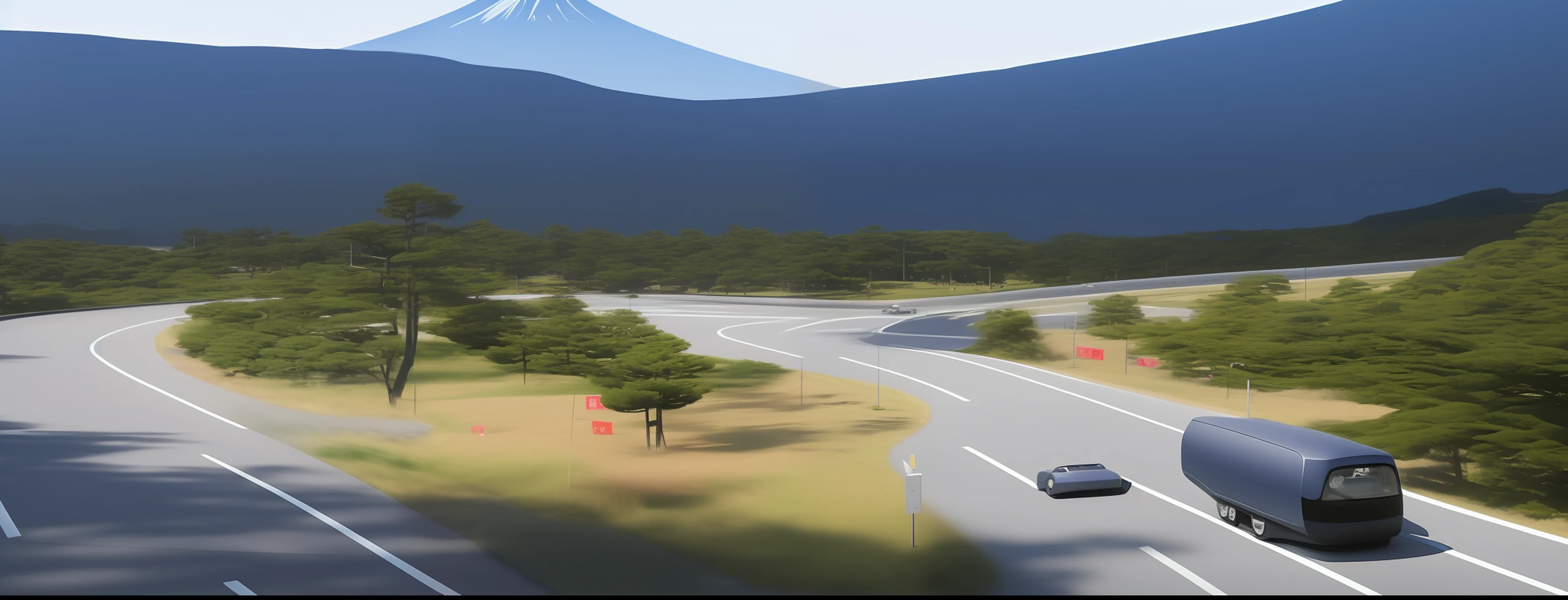 There was a car driving on the road,Japanese architecture of Mt. Fuji, 2070, light transport simulation, Hologram paint car, 2049, 2050, cybertruck, 2 0 5 6, the image is futuristic