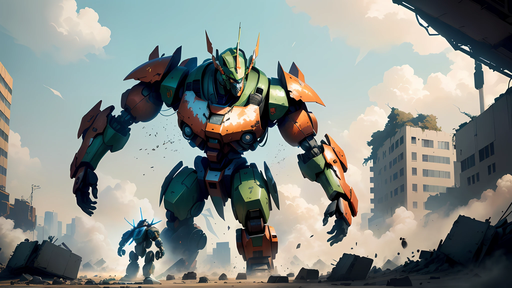 there is a robot that is standing in the middle of a city, Giant robots, giant anime mecha, giant mecha, giant robot mech, anime large mecha robot, mecha art, comic book style battlemech, giant mecha robot, lottalewdsLargeMecha, cool mecha style, Alexander Ferra Mecha, greek god in mecha style, giant robots