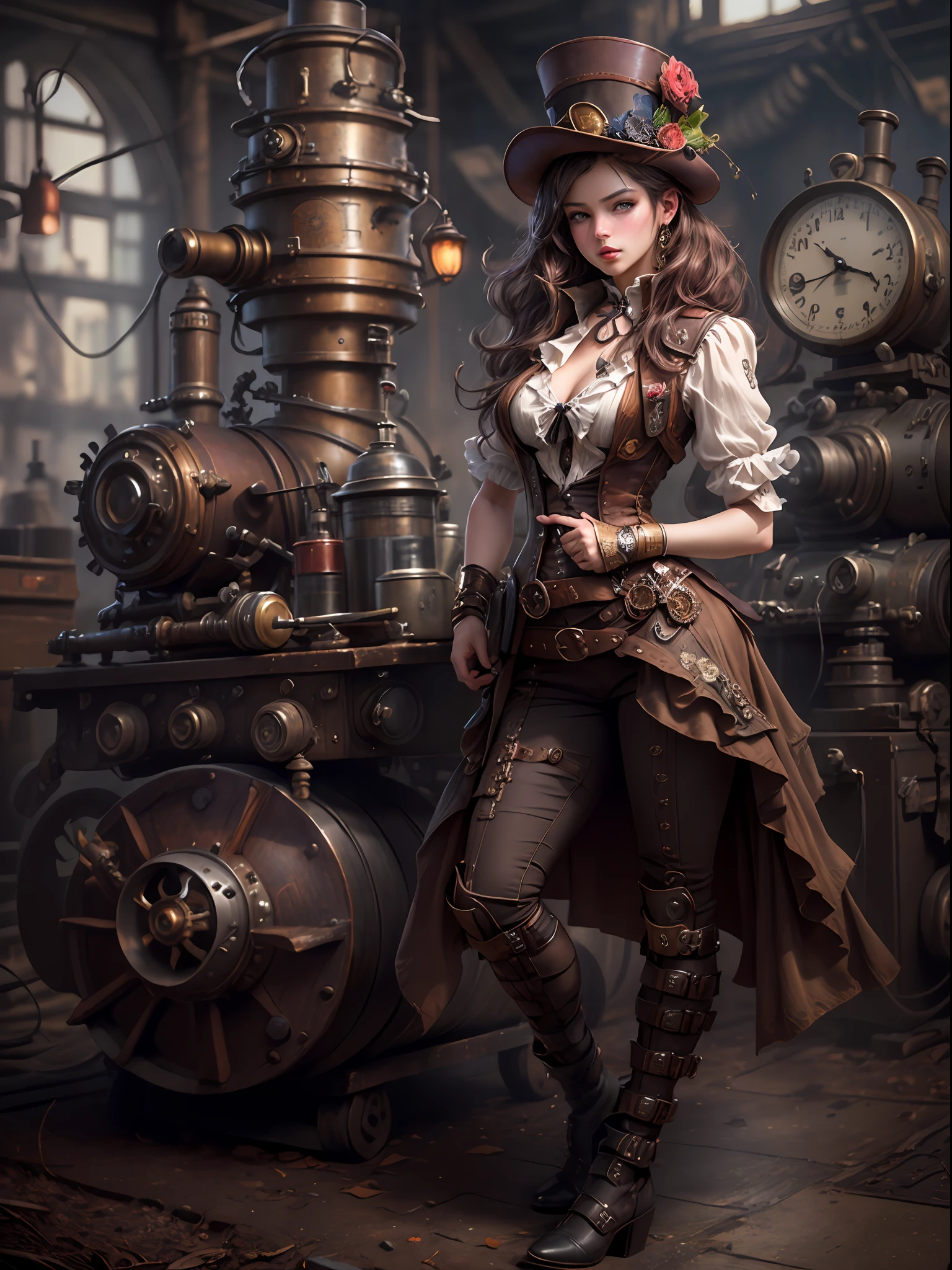 Steampunk Girl,((top-quality:1.4))、(unparalleled masterpiece ever)、(The ultra -The high-definition)、(Ultra realistic 8K CG)、(Photorealsitic:1.4)、Raw photography、actionpose:1.2,Detailed steampunk fashion、Steampunk world、Beautiful and well-groomed face,depth of fields,blurry backround,、