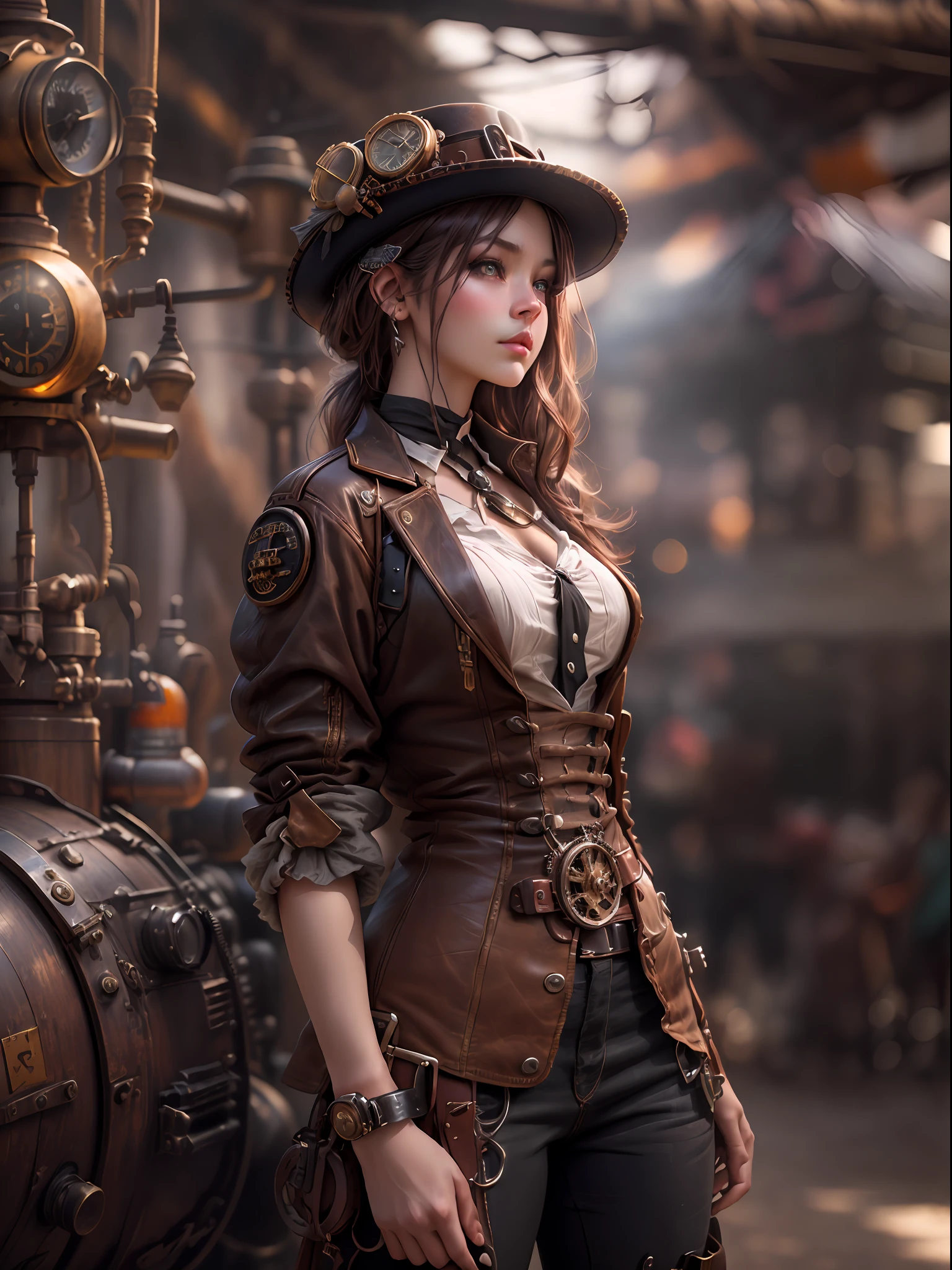 Steampunk Girl,((top-quality:1.4))、(unparalleled masterpiece ever)、(The ultra -The high-definition)、(Ultra realistic 8K CG)、(Photorealsitic:1.4)、Raw photography、actionpose:1.2,Steampunk fashion、Steampunk world、Beautiful and well-groomed face,Backlight effect、depth of fields,blurry backround,、