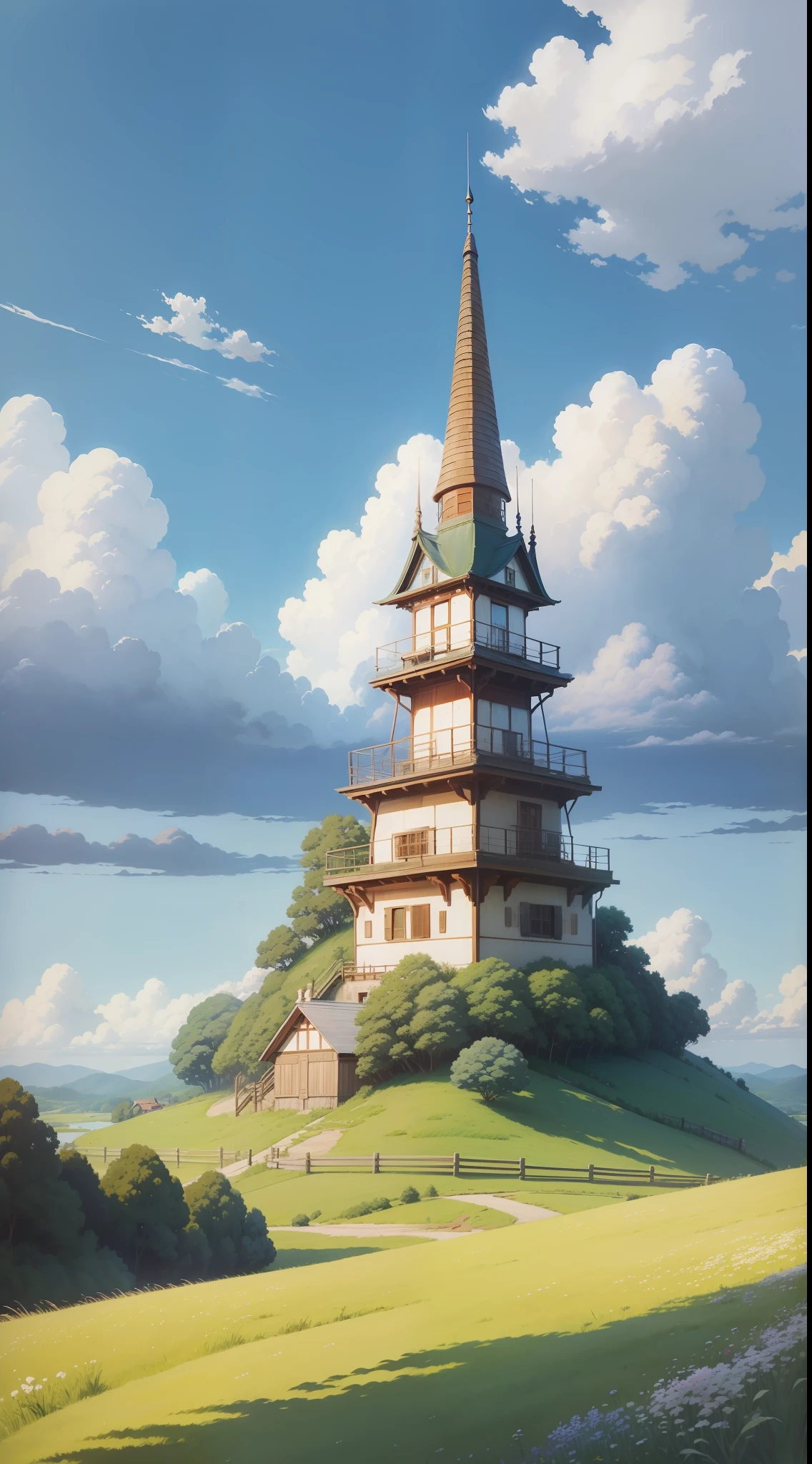 Realistic, authentic, beautiful and amazing landscape oil painting Studio Ghibli Hayao Miyazaki's petal grassland with blue sky and white clouds --v6