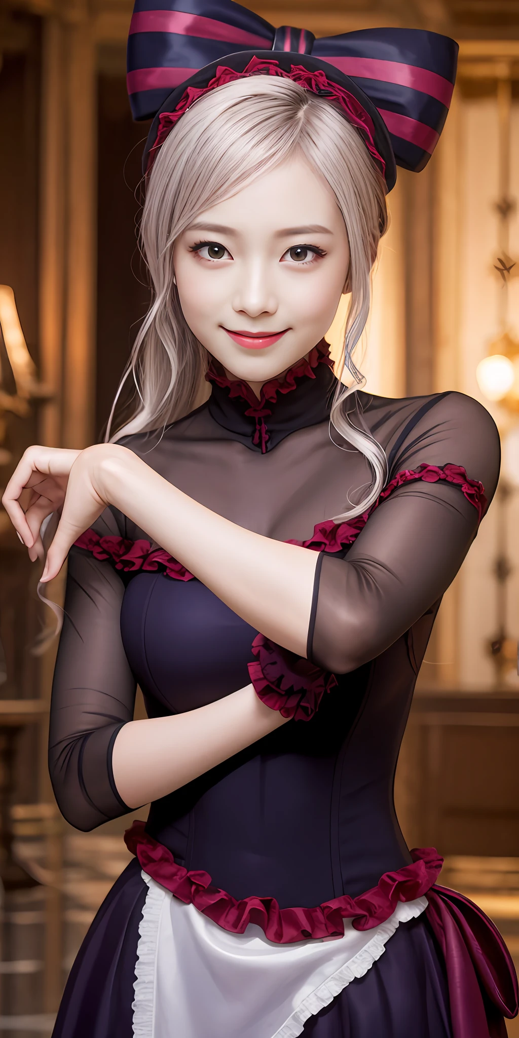 , top-quality, ShalltearV4, 1girl in, 独奏, doress, frilld, the bow, Hair Bow, tusk, Bewitching smile, pale-skinned, Shines, radiant eyes, portraitures,Complete body,