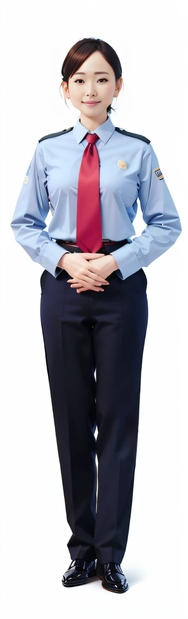 Government workers in uniform, Short hair should be tucked behind your ears, Combed neatly, With a smile、Hands are naturally superimposed on the navel, Chinese feminine characteristics 、Suitable uniforms、, Smile, Anime style, by Pixar, Textured skin, High quality