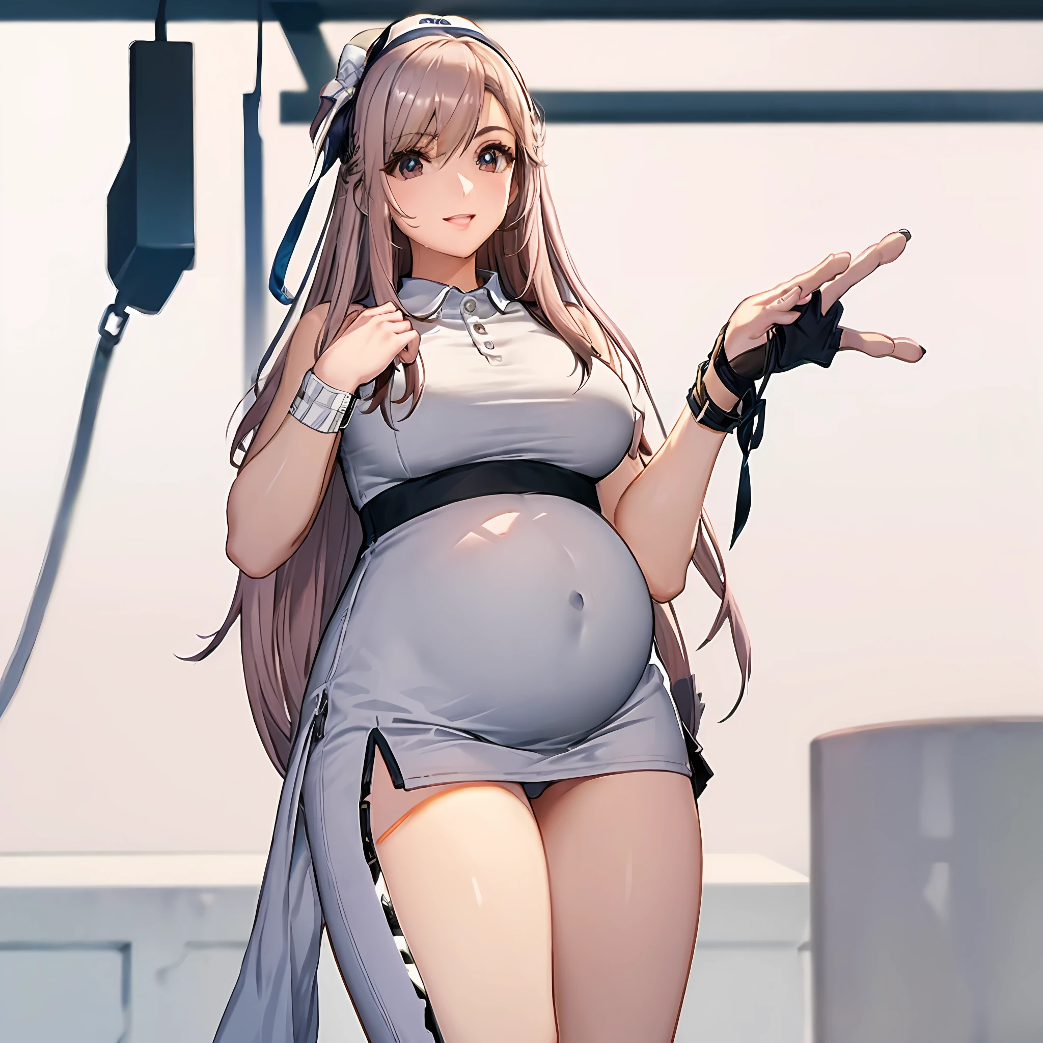 hoang lap、tmasterpiece、Best quality、realisticlying、Hyper-detailing、(Shiny skin,sweat leggs:1.4)、Slim、Look at the audience、1girll、Solo、tennis wear、White polo shirt、White sneakers、white mini-skirt、long whitr hair、silber hair、eBlue eyes、(thick thight:0.5)、动态照明、A high resolution、sharp fokus、depth of fields、Large breasts,Pregnant belly,Pregnant women with,a navel,A pair of hands,ssmile,Eyes are loving,Lines of a tight grid,perfect bodies,Wearing white stockings,Starry sky background