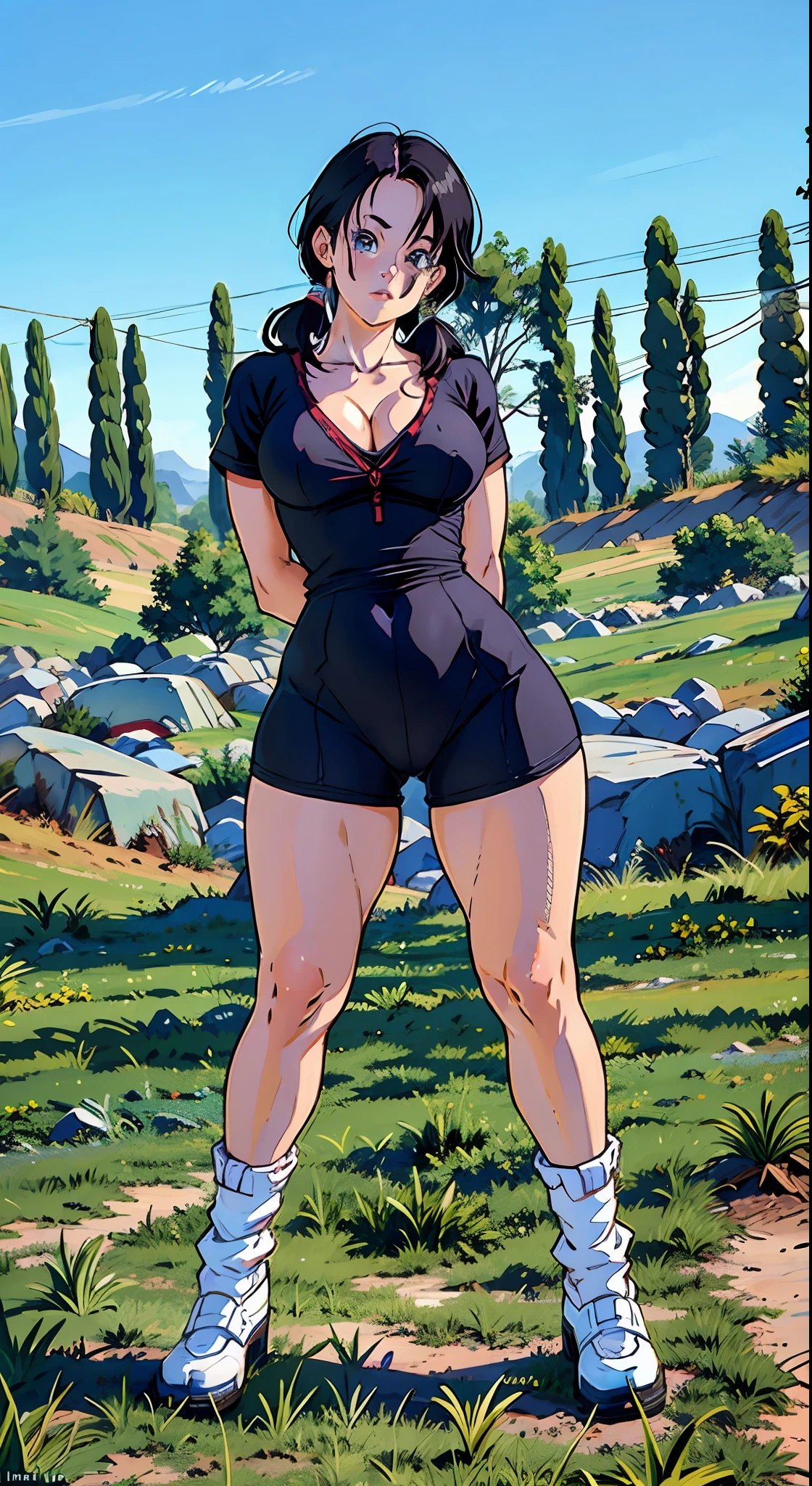 Videl em uma roupa curta posando para uma foto, bunda grande, coxas grossas, massive legs towering over you, pernas grossas, full body in sight, coxas expostas!!!, thicc, cute face with arms and legs, roupa apertada, imagem de corpo inteiro, tiro de comprimento de corpo inteiro, olhar sexy, traje apertado, em pleno crescimento,  mulher curta robusta, rosto muito bem feito, rosto em 8k