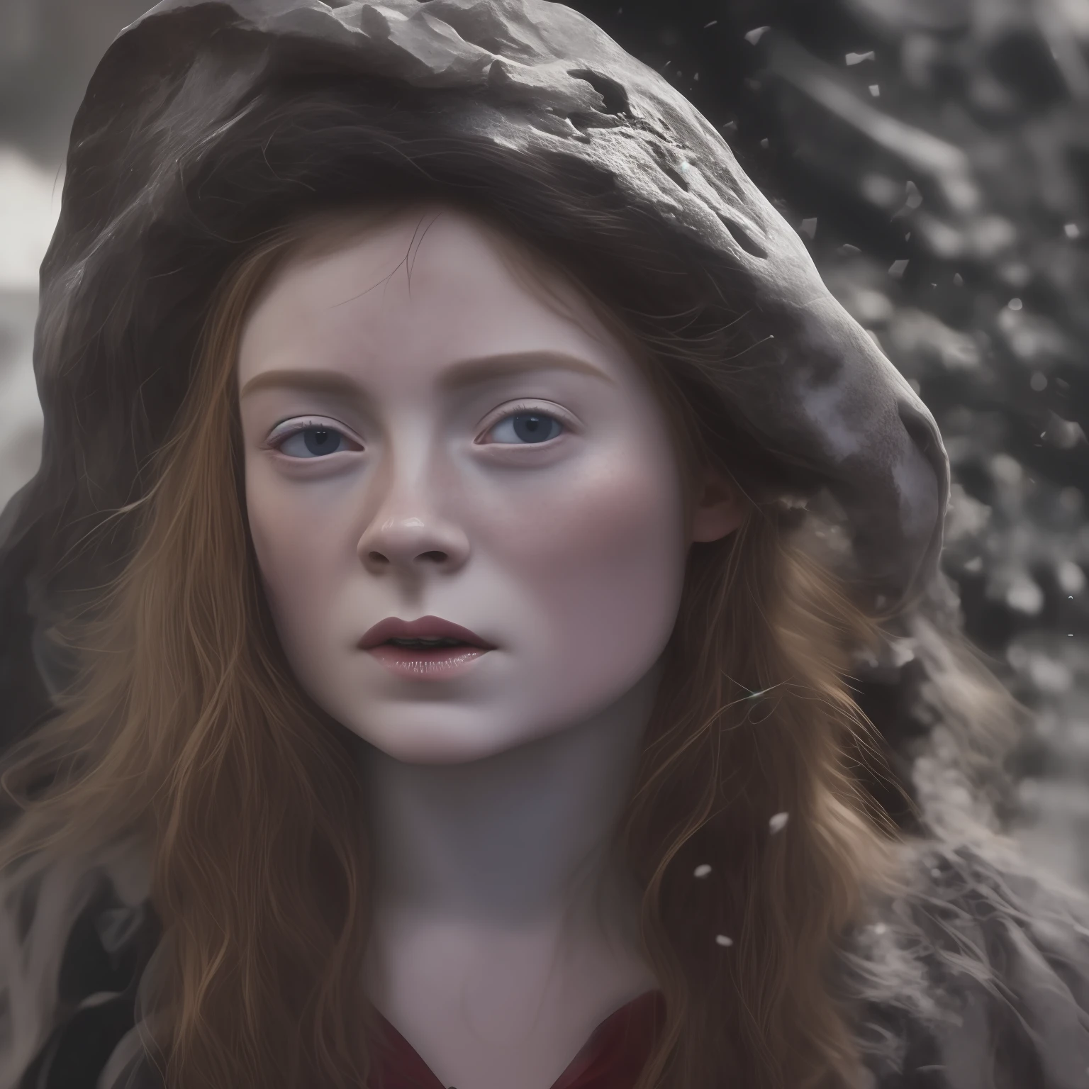 freckled pirate Sadie Sink , cube, covered in steaming hot tar, Midjourney style