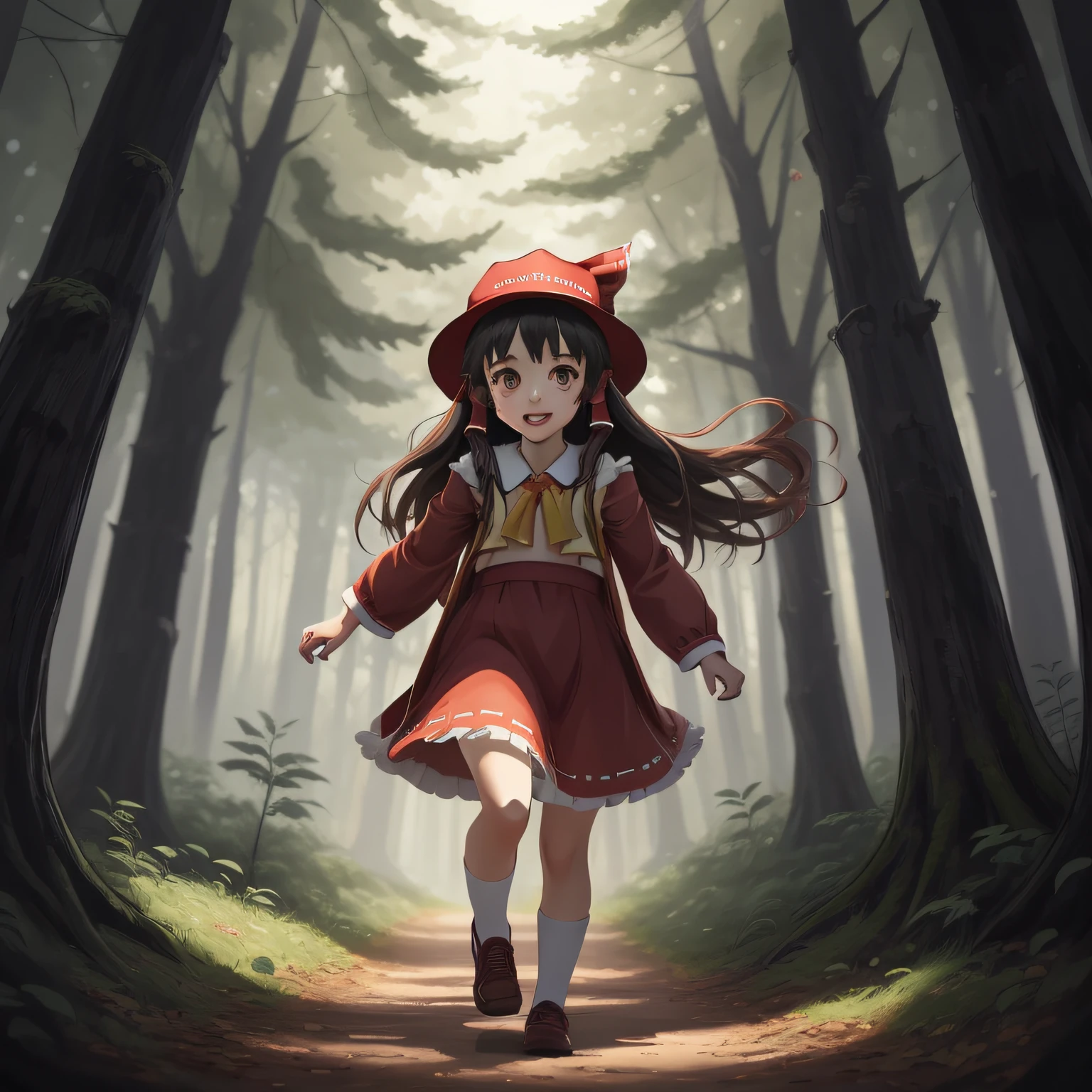 Anime girl running through the forest in red dress and hat, childrens art in artstation, lovely digital painting, artistic renderings of Reimu Hakurei, reimu hakurei, Guviz-style artwork, enjoying a stroll in the forest, littleredridinghood, small loli girl, Cute detailed digital art