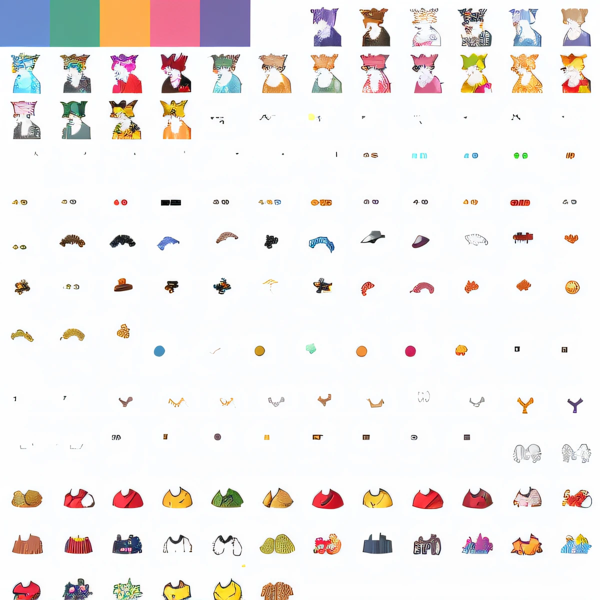 there are many different colored hats on a black background, sprite sheet, set of high quality hd sprites, spritesheet, vfx spritesheet!!!!!, game concept art sprite sheet, 2 d sprites asset sheet, 2 d sprites, ( ( glitch art pixel sorting ) ), anime color palette, glitch color palette, 1 6 bit colors