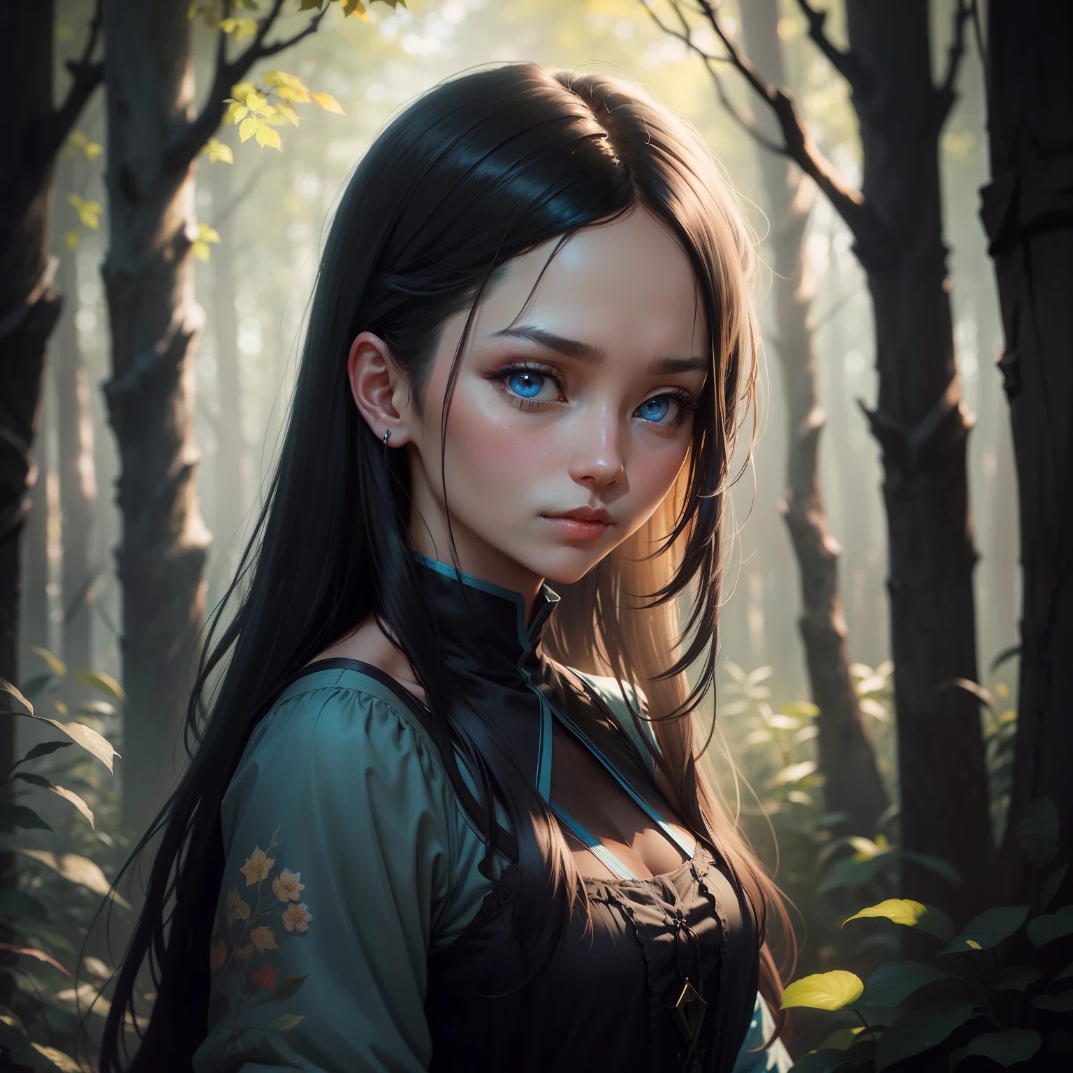 Epic realism，（Dark shots：1.4），80 mm，Create a portrait of a woman with long black hair and blue-purple eyes。She looked mysterious，Tilting his head slightly to gaze at the viewer。She is dressed simply。In the background is a blue forest of impressionist leaves，The woman has gradient shadows on her face。Use the backlight effect to increase the depth of the image。Impressionist painting style，john singer sarget, anders zorn, blue palette, wide show with more background and forest, (natural skin texture, hyperrealism, soft light, sharp:1.2), soft light, sharp, exposure blend, medium shot, bokeh, （hdr：1.4），hight contrast，（cinematic ligh，Teal and orange：0.85），（pastel colour，dull colors，soothing tones：1.4），low-saturation，（ultra - detailed：1.2），（black in color：0.6），（Complicated details:1.12), hdr, (Complicated details, hyperdetailed:1.15), faded, (com cores neutras:1.2), art, (hdr:1.5), (muted colors:1.1), (pastel:0.2), hyperdetailed, (artstation: 1.4), warmly lit (Complicated details:1.2), Vignette, the complex background, rutkowski