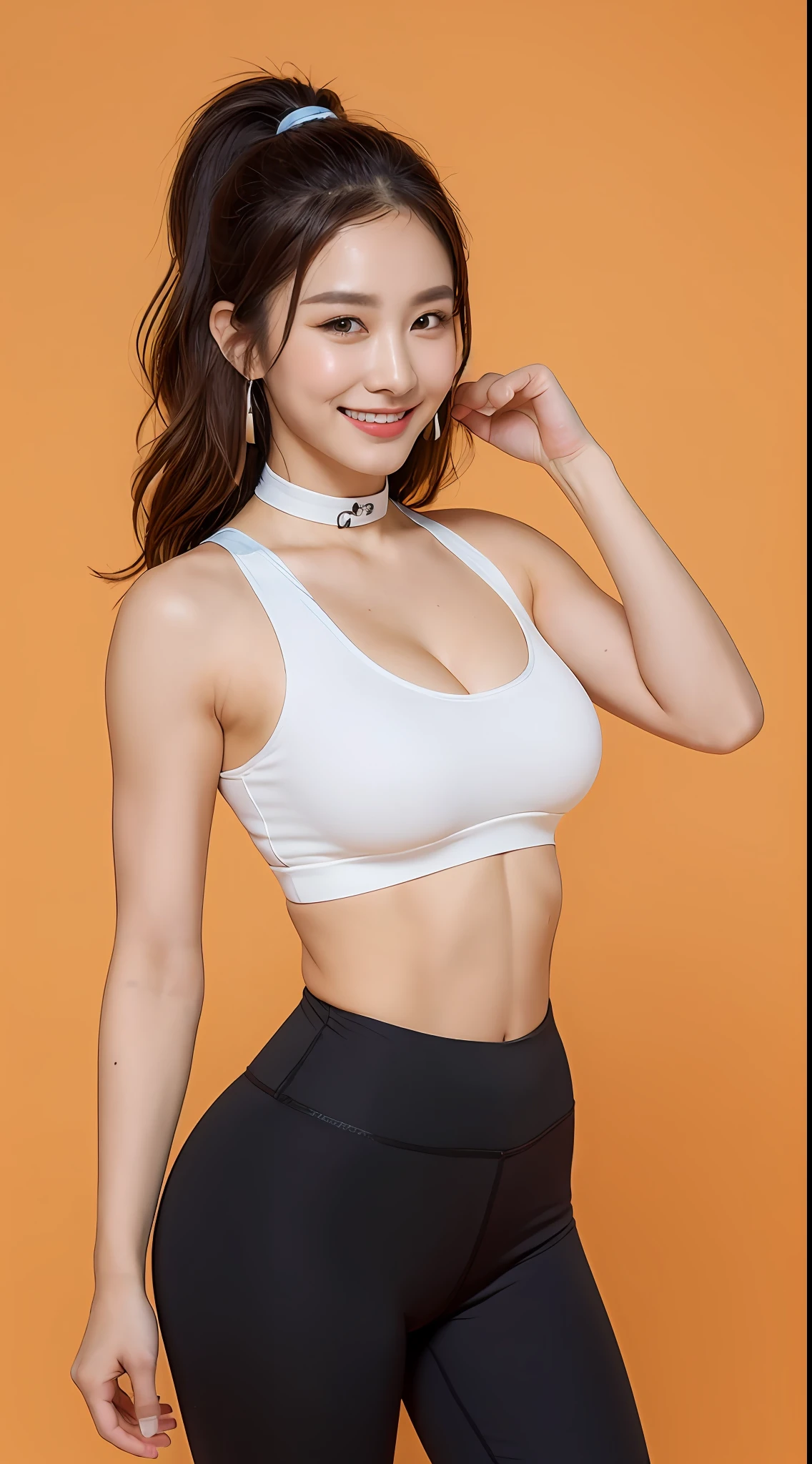 ((midnight, Need, 8K, tmasterpiece:1.3)), Full body like,Whole body, Long legs, Focalors:1.2, Plump body,perfect figure beautiful woman:1.4,((Dark brown hair, huge tit:1.2 )), (low chest, tight-fitting,deep v big breasts,sockes,Long socks,cleavage,Yoga pants for,Bodybuilding pants,Sports bra,White canvas shoes,head band,Sweat bands), ((Orange background)), crowd of,Highly detailed facial and skin texture, A detailed eye, 二重まぶた,largeeyes,crisp breasts,Smile with,Bigger breasts, Wavy hair,crisp breasts,Get wet,Sweat profusely,wearing a choker,Wear earrings,wears a watch,Redlip,lower back,leges,slenderlegs,Long legs,long leges,full bodyesbian,standing on your feet,chest,Straighten your waist,walked,Cat steps