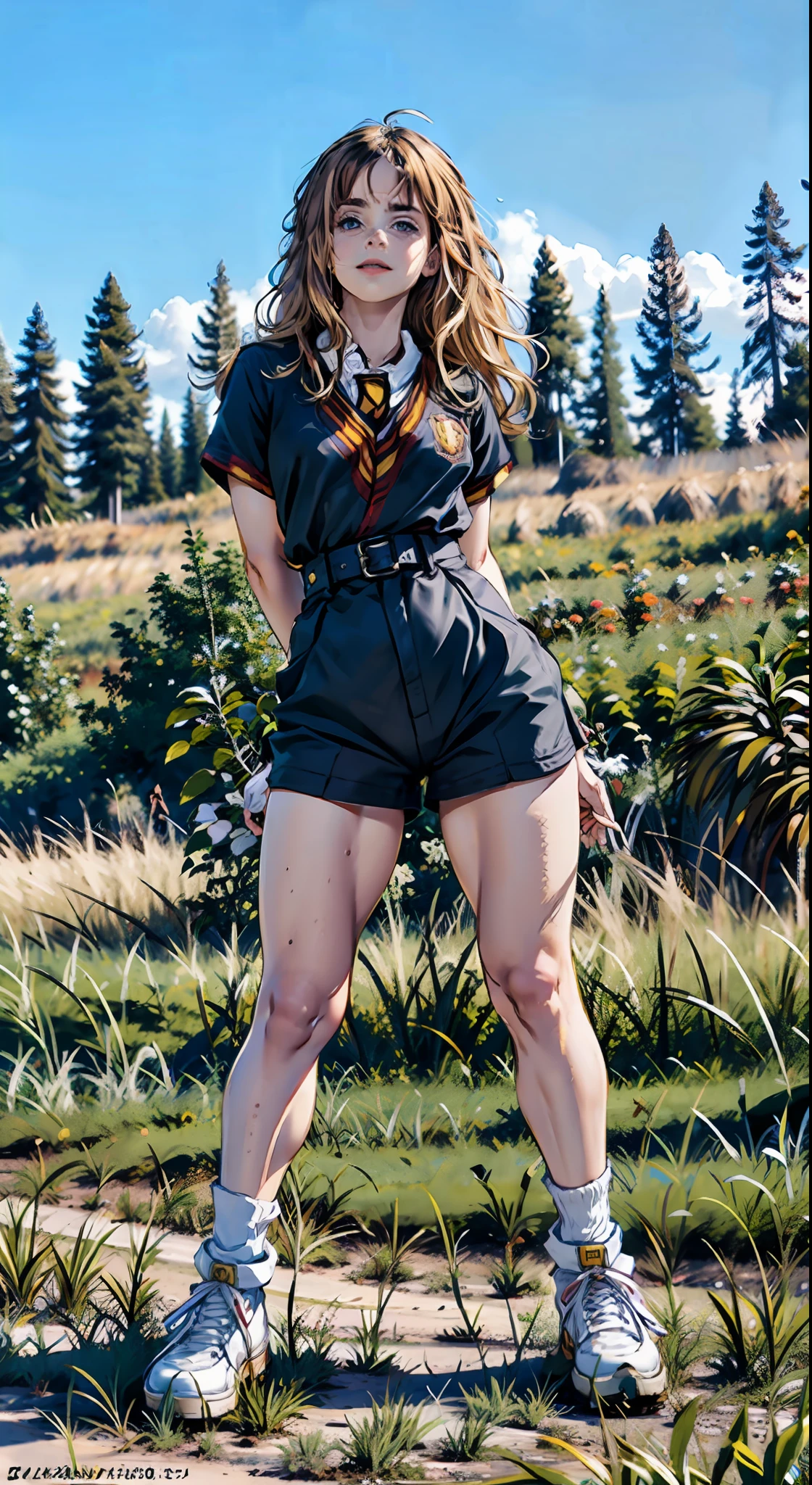 Hermione em uma roupa curta posando para uma foto, bunda grande, coxas grossas, massive legs towering over you, pernas grossas, full body in sight, coxas expostas!!!, thicc, cute face with arms and legs, roupa apertada, imagem de corpo inteiro, tiro de comprimento de corpo inteiro, olhar sexy, traje apertado, em pleno crescimento,  mulher curta robusta, rosto muito bem feito, rosto em 8k