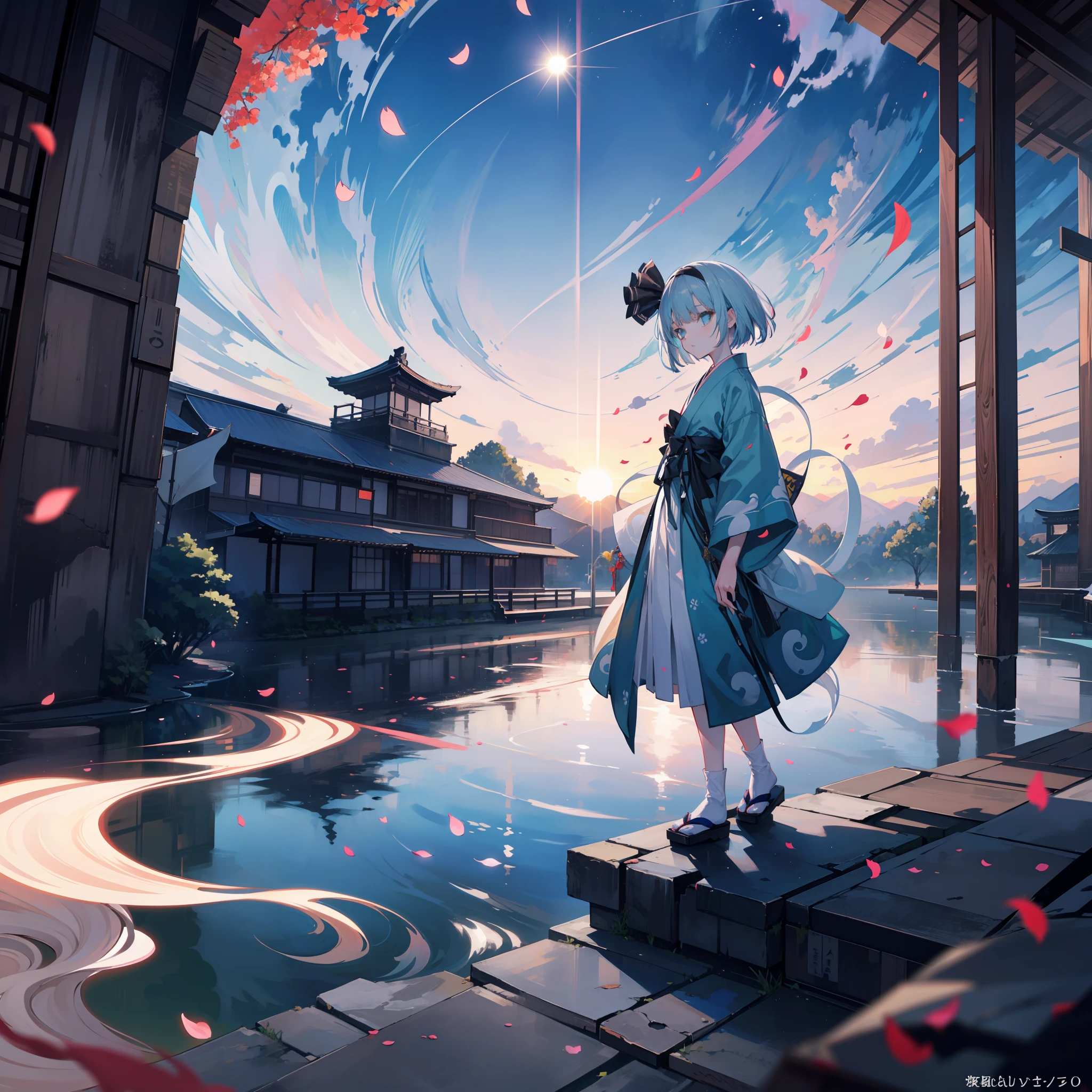 Full Body, Hell, Youmu Konpaku, Short Gray Hair, Higanbana, Dark Taste, Japanese Style, World Collapse, White River, Soul, Falling Petals, Beautiful Scenery, Cyan Sky, Total Solar Eclipse --s 500 --niji 5