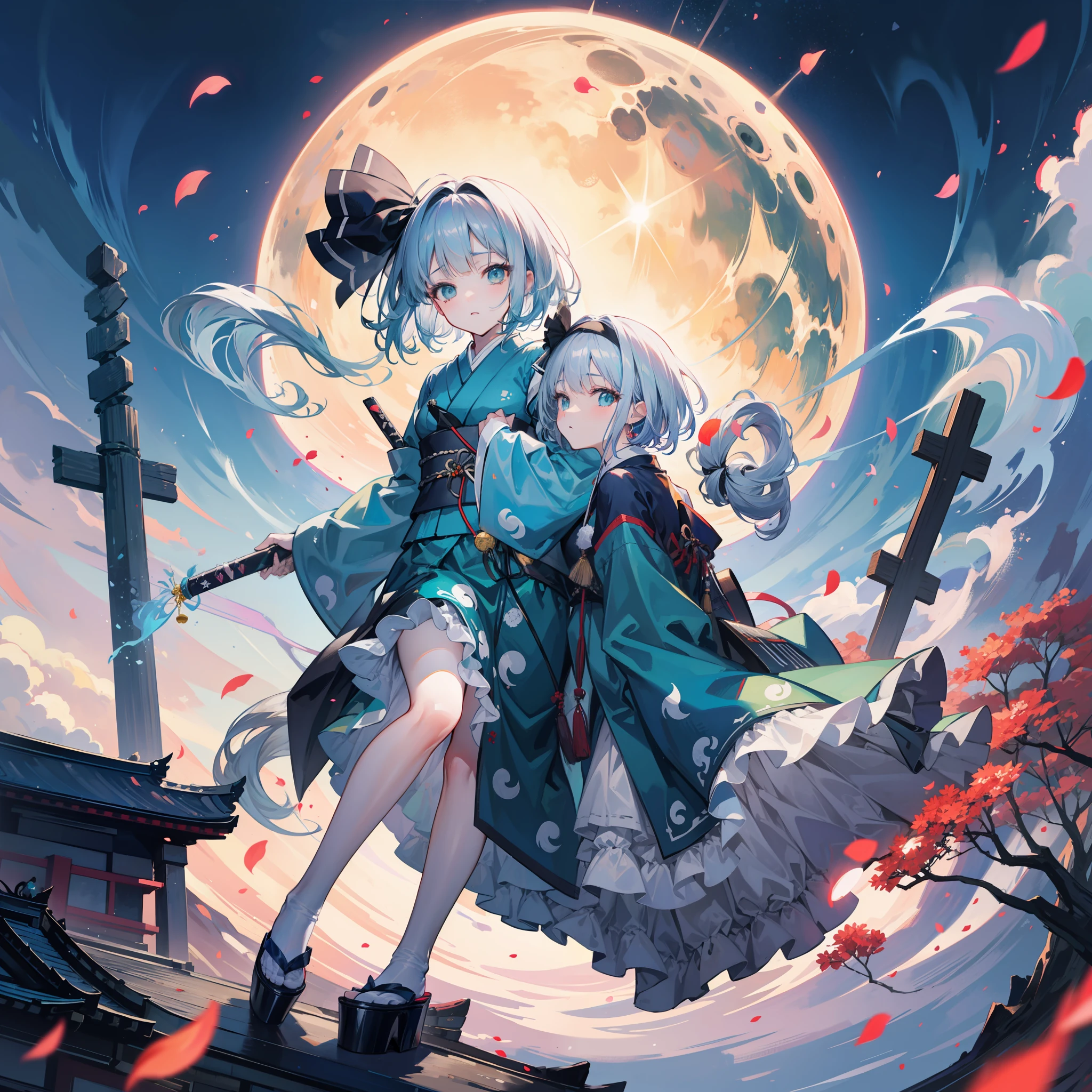 Full Body, Hell, Youmu Konpaku, Short Gray Hair, Higanbana, Dark Taste, Japanese Style, World Collapse, White River, Soul, Falling Petals, Beautiful Scenery, Cyan Sky, Total Solar Eclipse --s 500 --niji 5