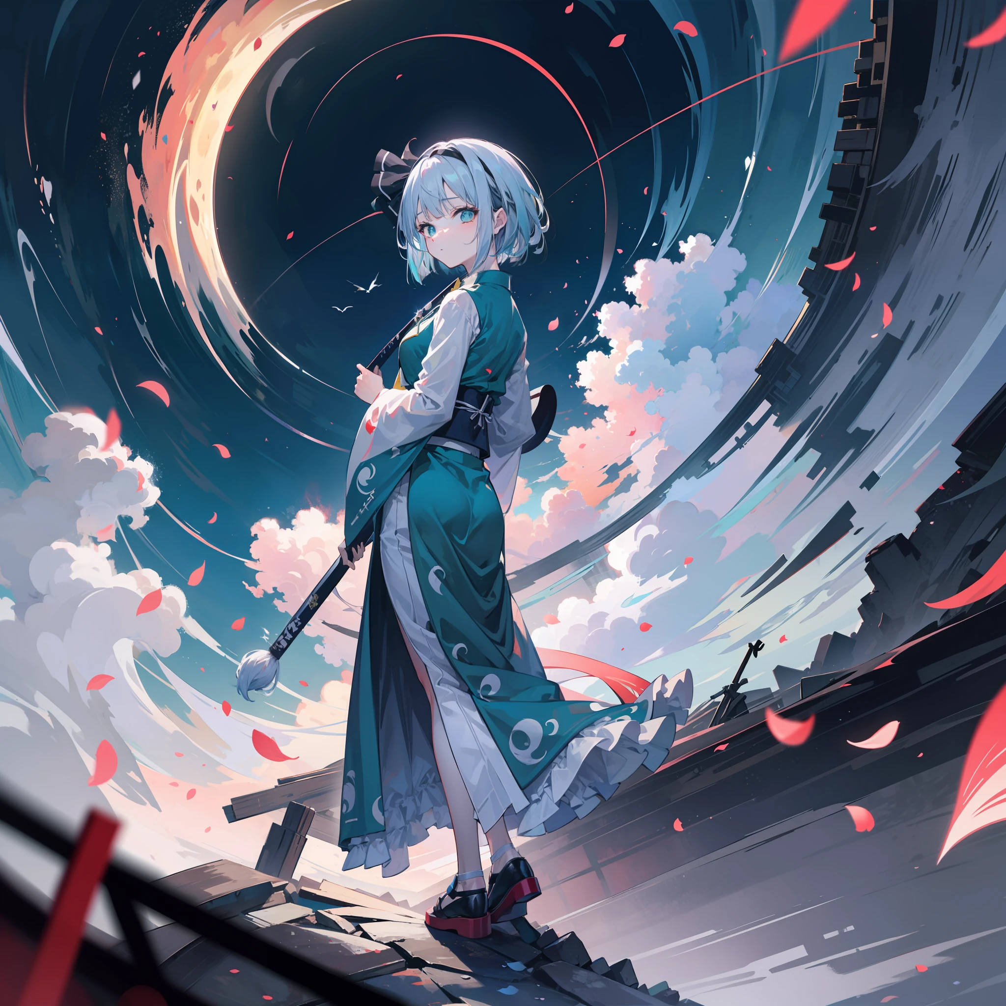 Full Body, Hell, Youmu Konpaku, Short Gray Hair, Higanbana, Dark Taste, Japanese Style, World Collapse, White River, Soul, Falling Petals, Beautiful Scenery, Cyan Sky, Total Solar Eclipse --s 500 --niji 5