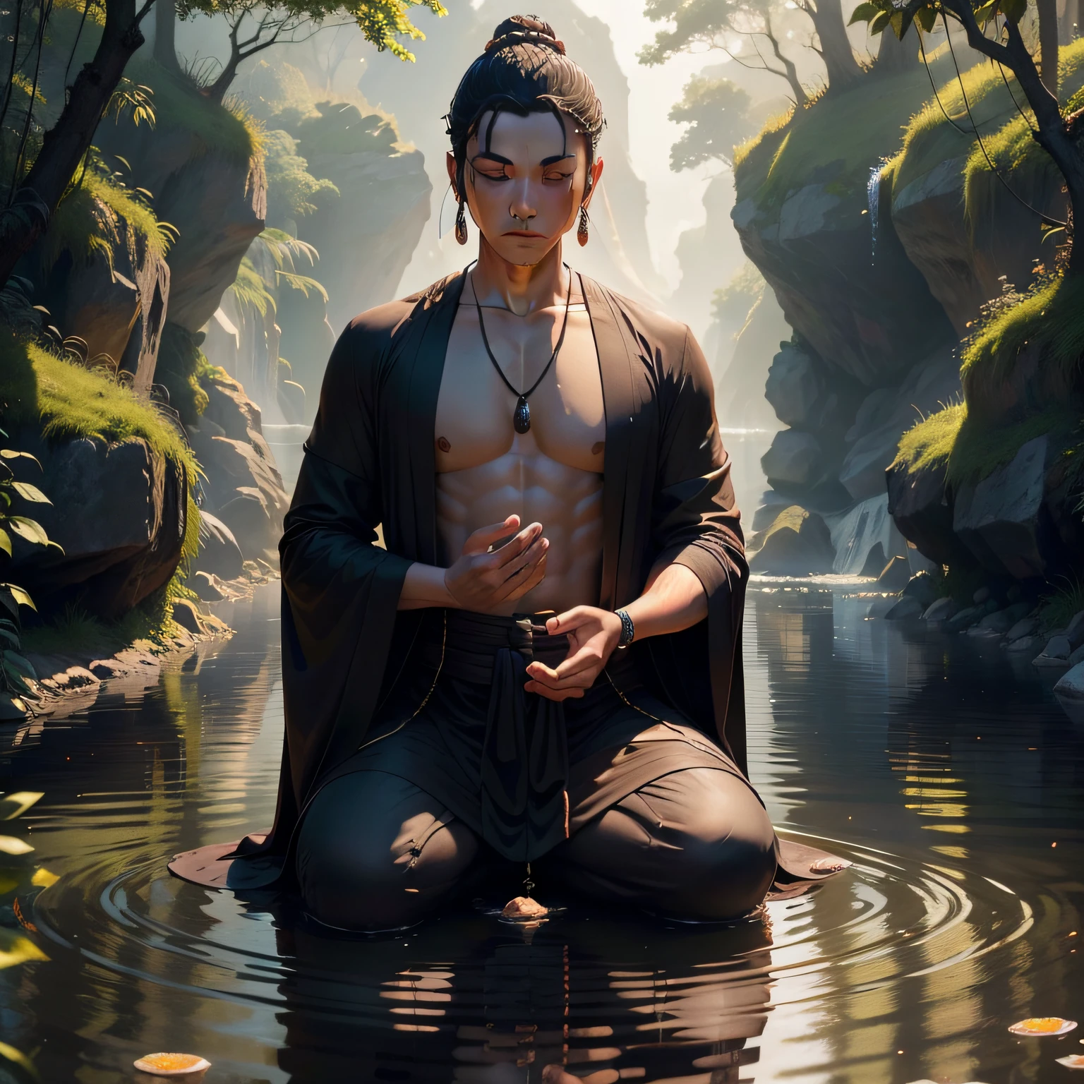 Incarnate a man in the image of a traditional Buddha statue,He sat by the river and bent down,Look at your own reflection in the river,Touch the water with your hands,Reflect your own clear face,The contours of the face are clear,Close your eyes,The face is slightly melancholy,The facial features are as beautiful as a Buddha statue,A string of Buddha beads wrapped around his hand,He wore a cassock,Tie a string of wooden Buddha beads,Half of the shoulders are bare,Very smooth,Barefoot,Part of his robe hangs in the water,The surrounding area is sunny,The river is sparkling,The whole gives a sense of mystery。