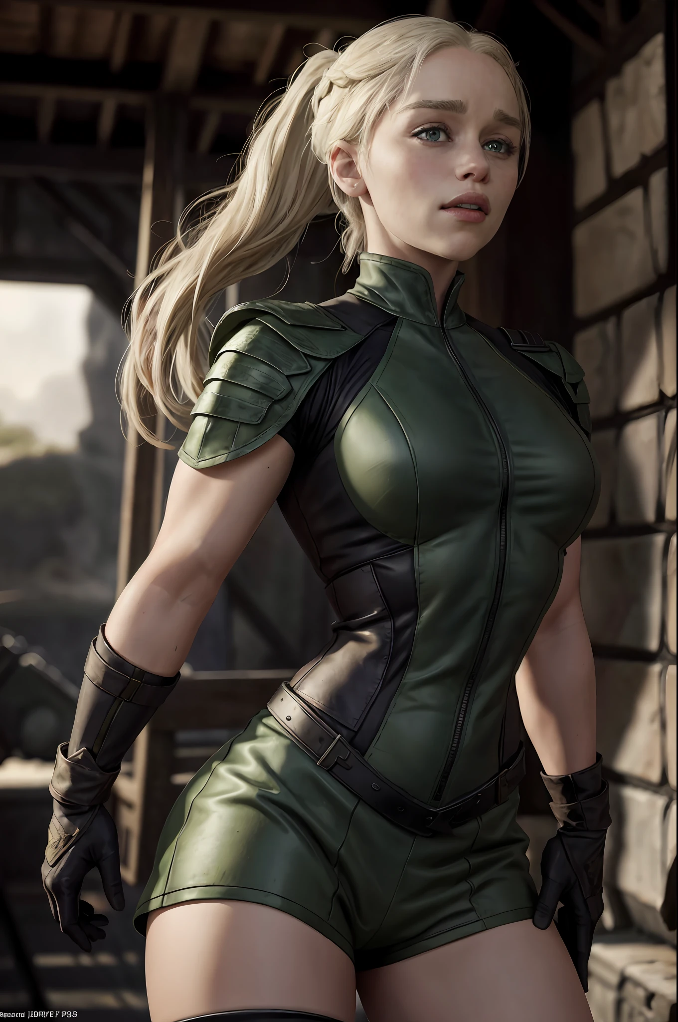 actress (Emilia Clarke) as a seductive (Sonya Blade), (Mortal Kombat), wearing green and white military outfit, black military boots, blonde ponytail, fit body, fighting pose, sultry, sexy, hot, shapely, full body render, fine detail, hyper realistic, HD, 4K, definition, texture, perfect detail, perfect face, beautiful, hyperrealism, trending on artstation