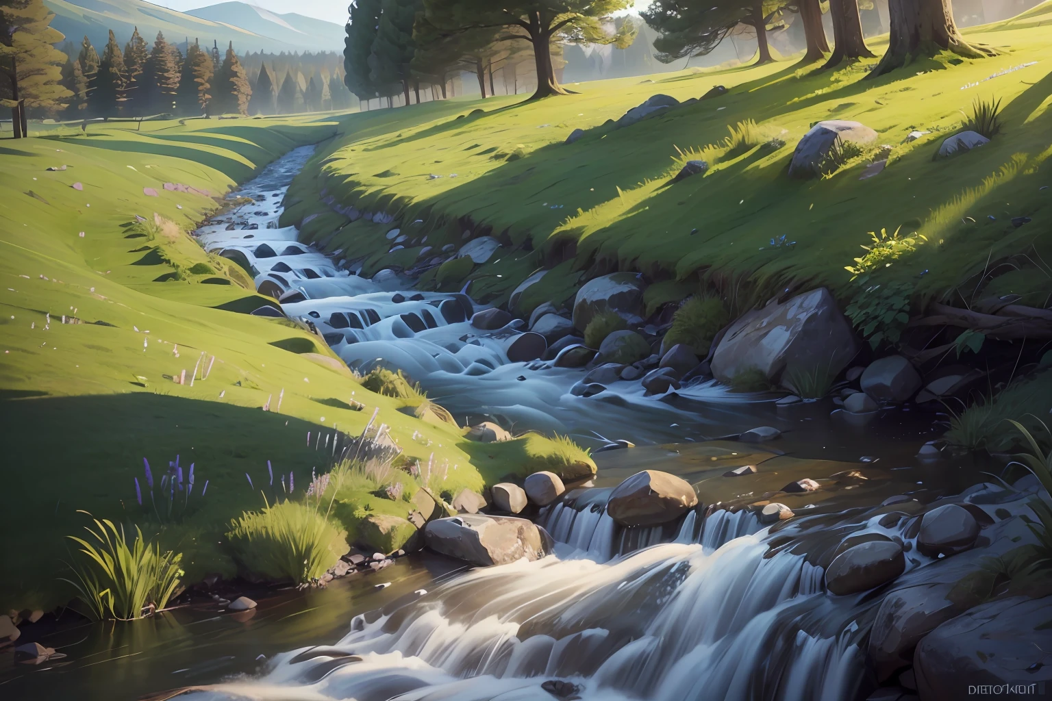 a closeup landscape of meadows in foreground, a babbling brook flowing horizontally in background