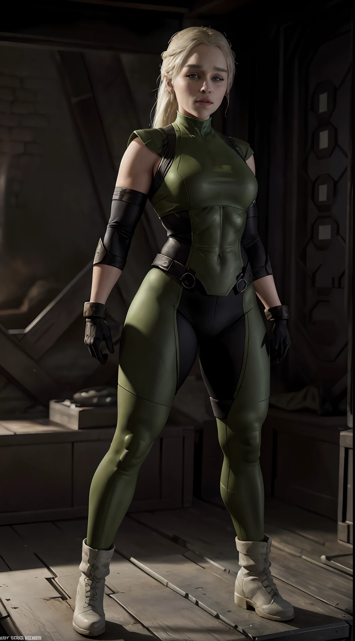 actress (Emilia Clarke) as a seductive (Sonya Blade), (Mortal Kombat), wearing green and white military outfit, black military boots, blonde ponytail, fit body, fighting pose, sultry, sexy, hot, shapely, full body render, fine detail, hyper realistic, HD, 4K, definition, texture, perfect detail, perfect face, beautiful, hyperrealism, trending on artstation