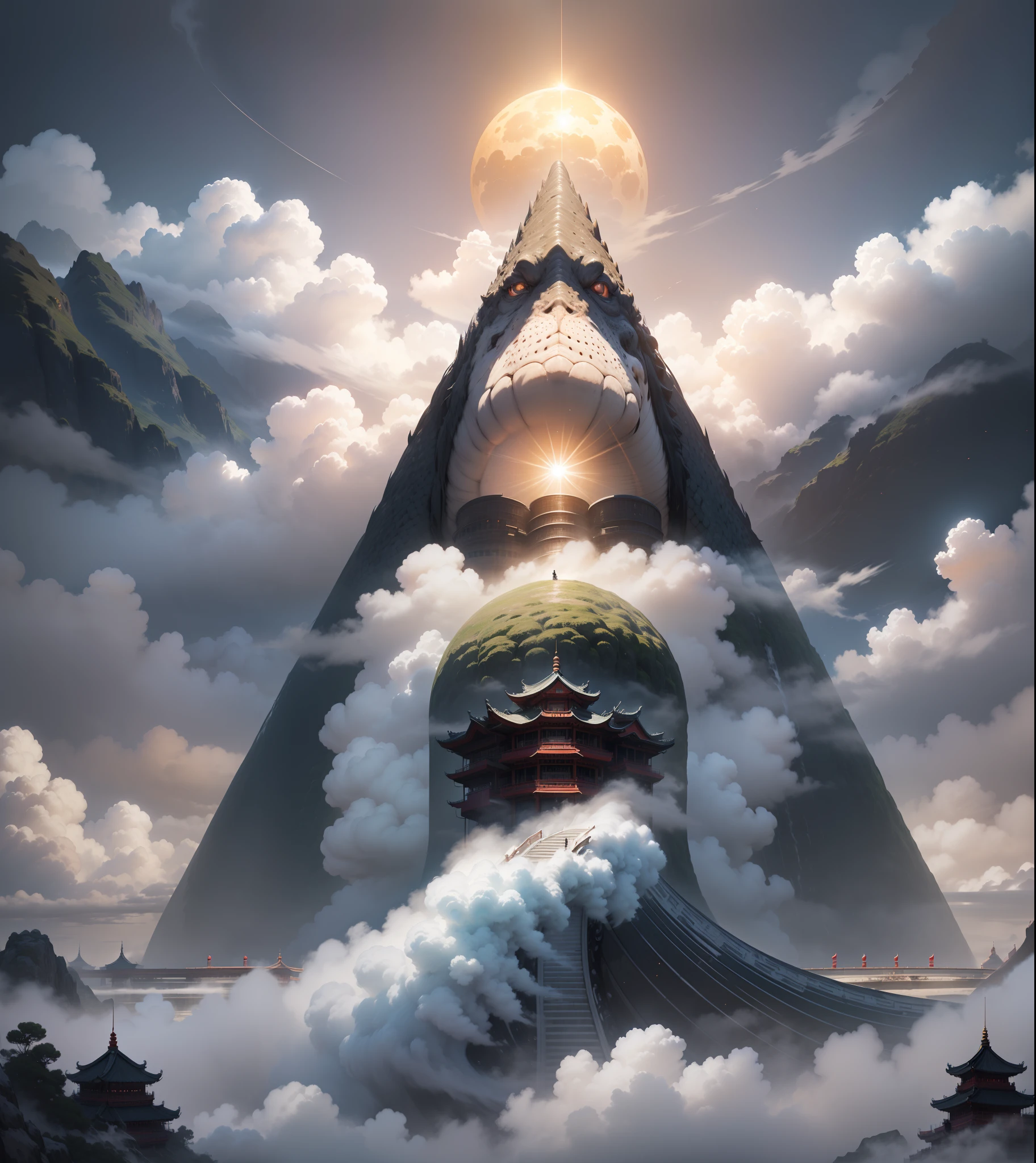 A huge dragon like a mountain devours the sun and the moon, black water is surging, (waves rushing into the sky), fairy mountain islands, (pavilions in mid-empty clouds), ((clouds and mist)), roaring, fierce, ((Chinese mythology)), high quality, ultra-detailed, detailed, accurate, (masterpiece), master work, (16k resolution), movie lighting, dynamic perspective
117/2000