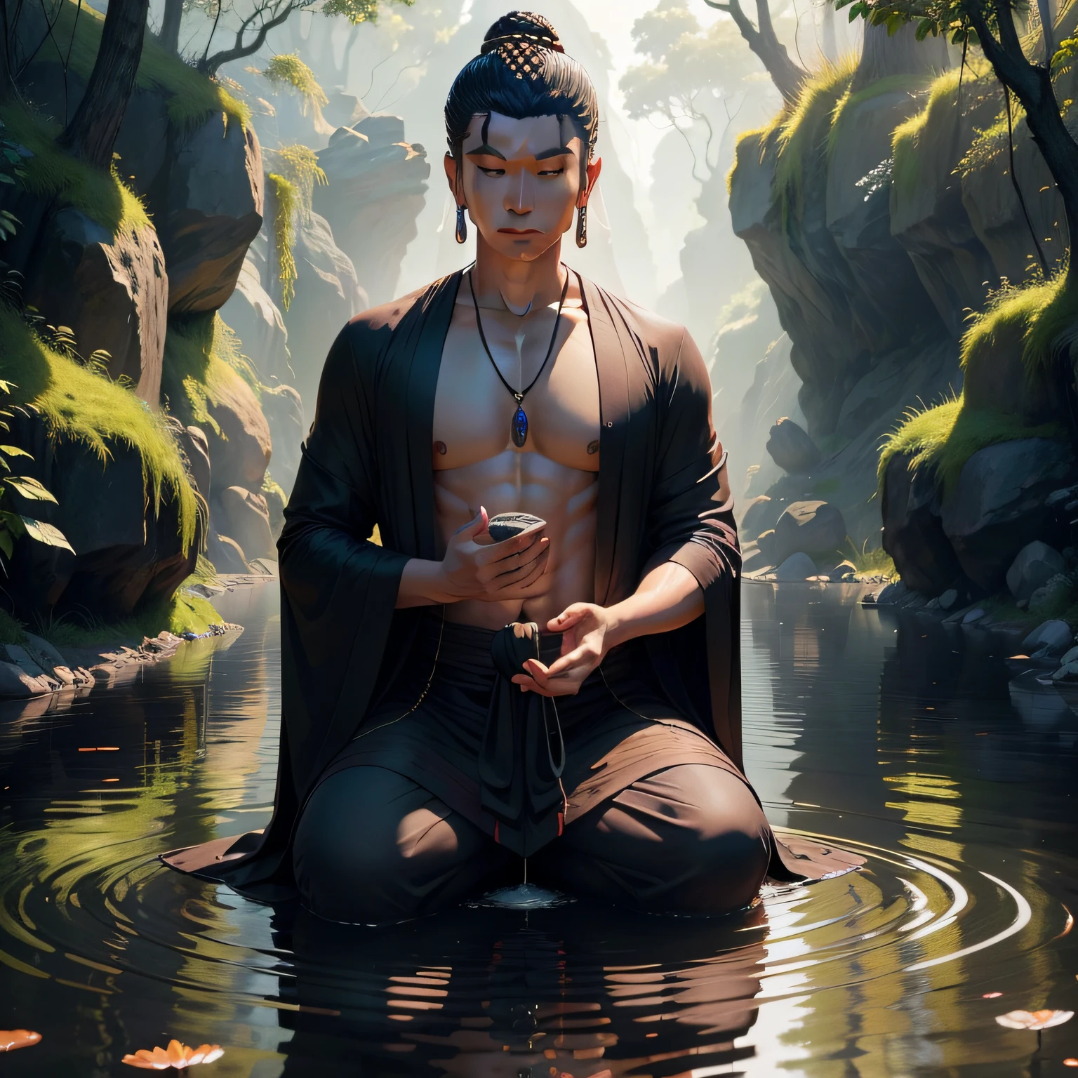Take the image of a traditional Buddha statue as a man，He bent down by the river，Look at your own reflection in the river，Touch the water with your hands，Reflect your own clear face，The contours of the face are clear，Eyes look at their own reflection，The eye contour is clear，The eyes are quiet and warm，Slightly melancholy，The facial features are as handsome as a Buddha statue，A string of Buddhist beads wrapped around his hand，He wore a cassock，Tie a string of wooden Buddha beads，Half a shoulder bare，Very smooth，The legs are barefoot again，Part of his robe hangs in the water，The surrounding area is sunny，The river shimmers，Screen rest Mata lonely and quiet，With a somewhat lonely tone，The whole gives a sense of mystery。