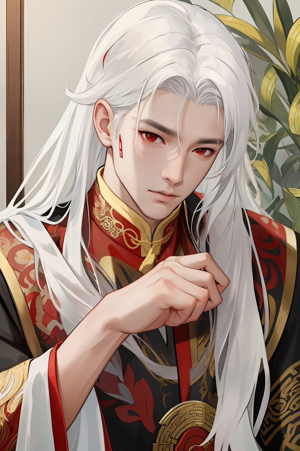 nsfw, masterpiece, best quality, ultra-detailed, semi-realistic, detailed facial features, 1boy, white hair, long hair, red eyes, wearing a detailed and intricate xianxia ancient clothes