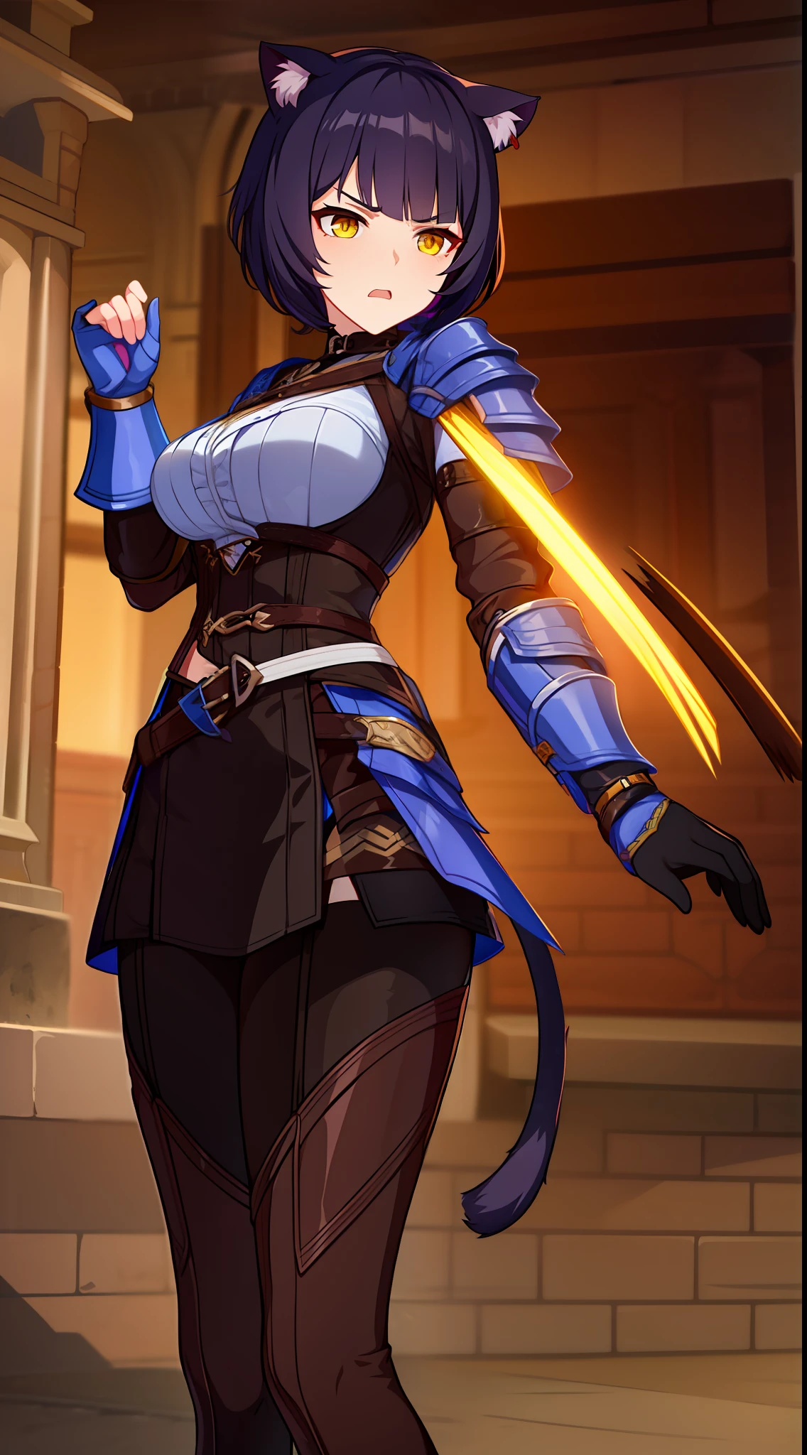 Adult woman, short purple hair, cat ears, Yellow eyes, Tight leather armor, anger, Masterpiece, hiquality