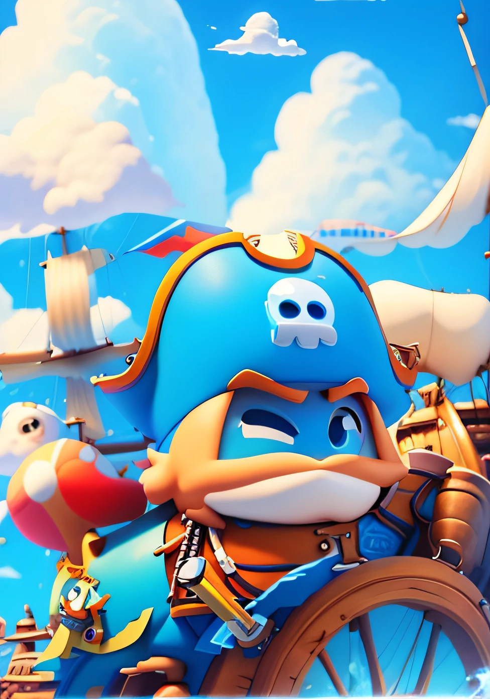 poster for,Background blue sky white cloud Pixar style,3D,A pirate pilots a pirate ship,Cartoon Cute,Lots of detail,sense of space front and rear is obvious,The picture should be impactful