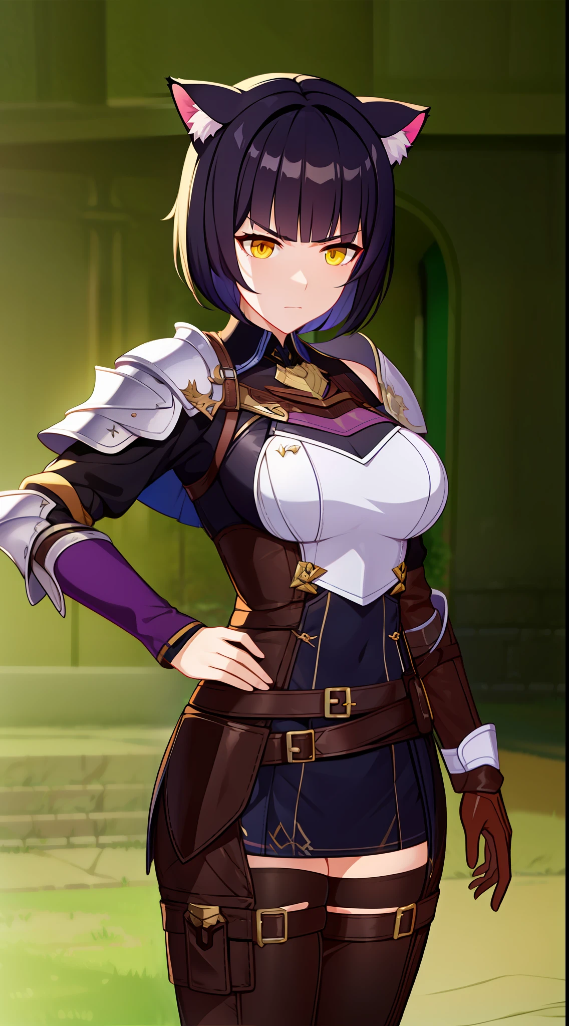 Adult woman, short purple hair, cat ears, Yellow eyes, Tight leather armor, anger, Masterpiece, hiquality